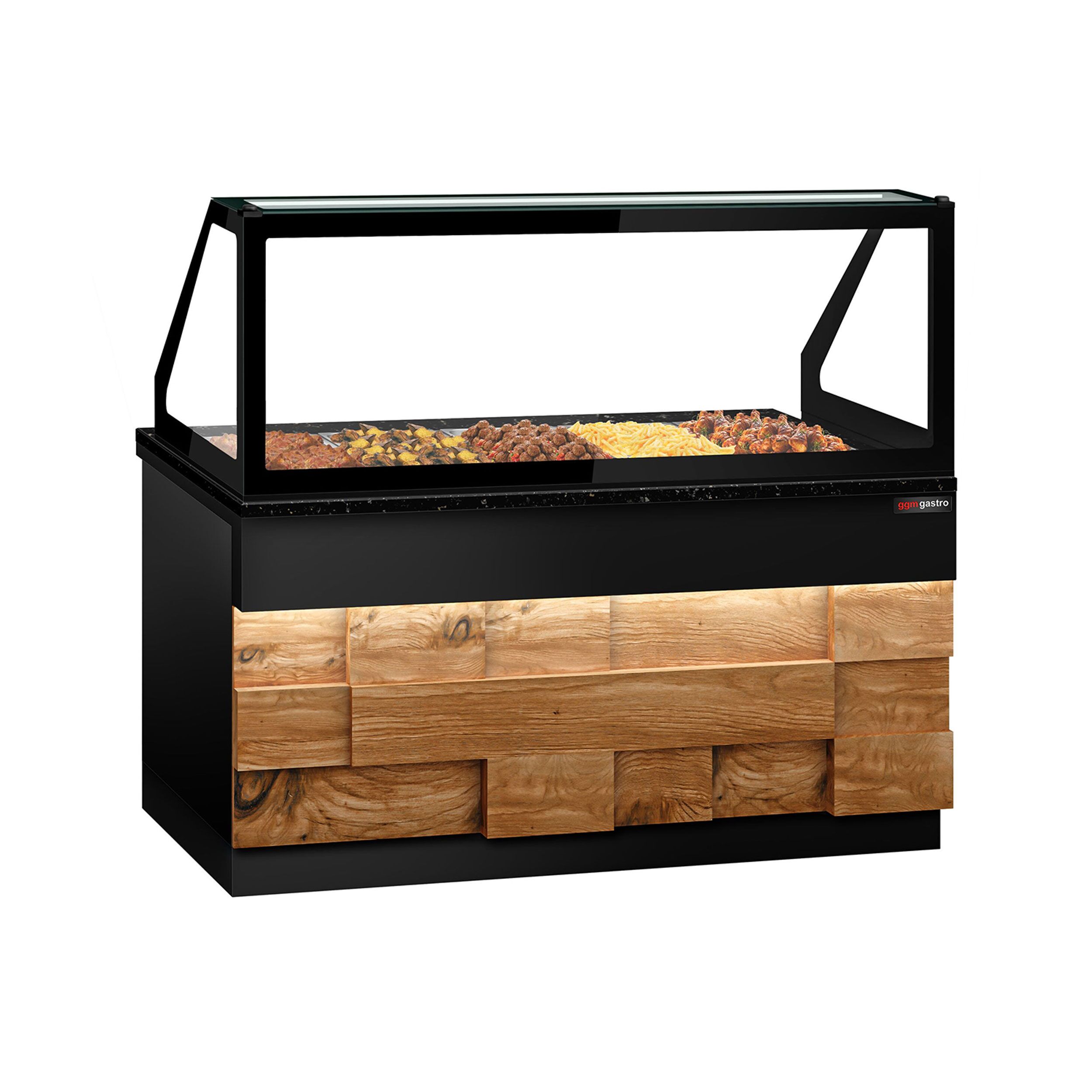 Vitrine chauffante TORONTO – 1800 mm – façade en bois – pour 5 × GN 1/1 – plan de travail en granit noir