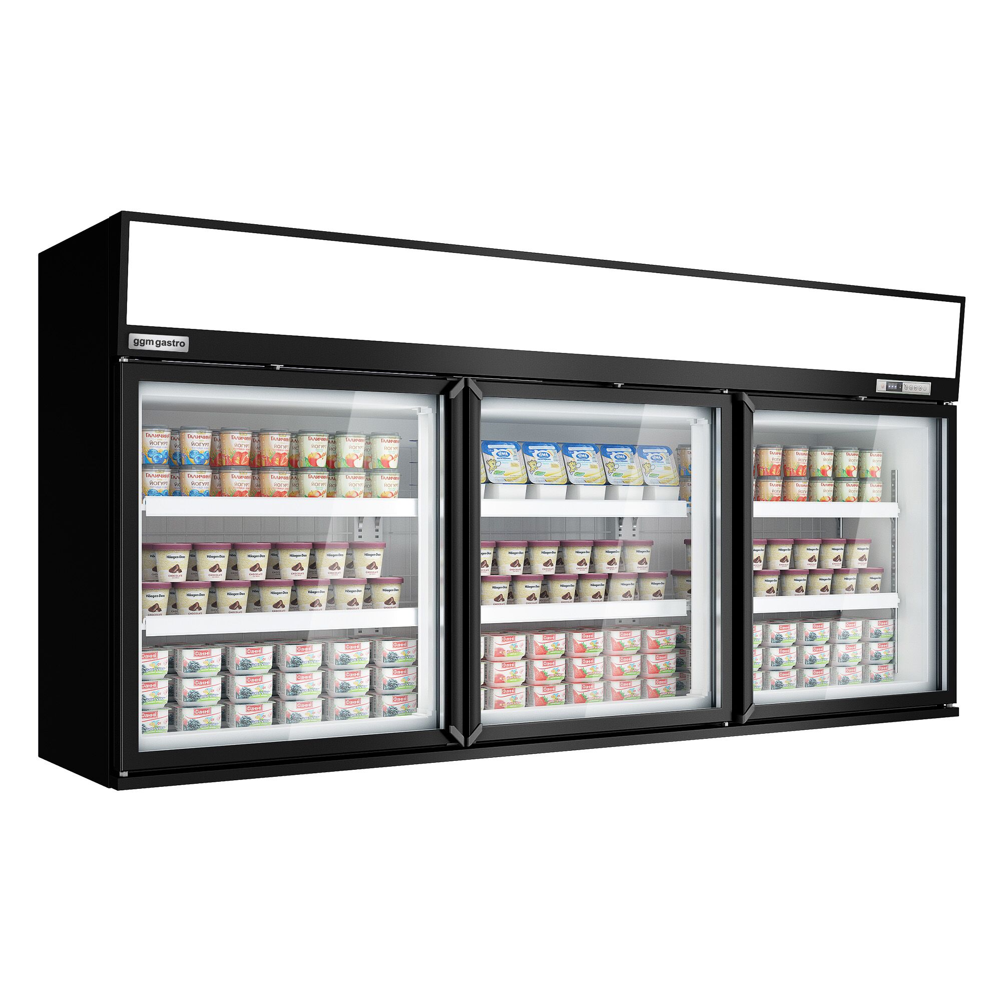 Vitrine murale de congélation pour supermarché - 2100 mm - 346 litres - avec 3 portes & 2 étagères - Noir