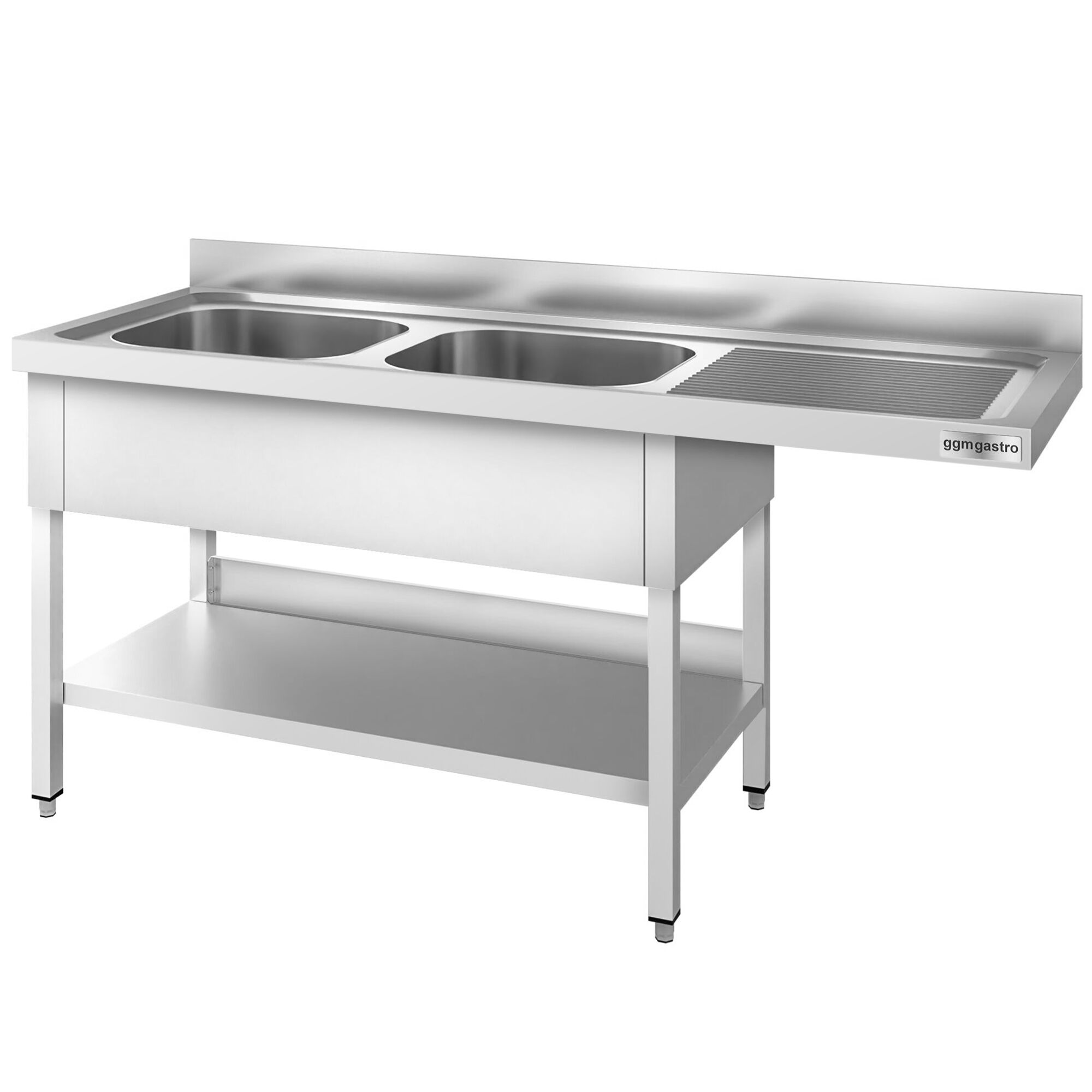 Plonge PREMIUM en acier inoxydable - 1800x600mm - 2 bacs - bac à gauche - avec espace lave-vaisselle - adossée/avec dosseret