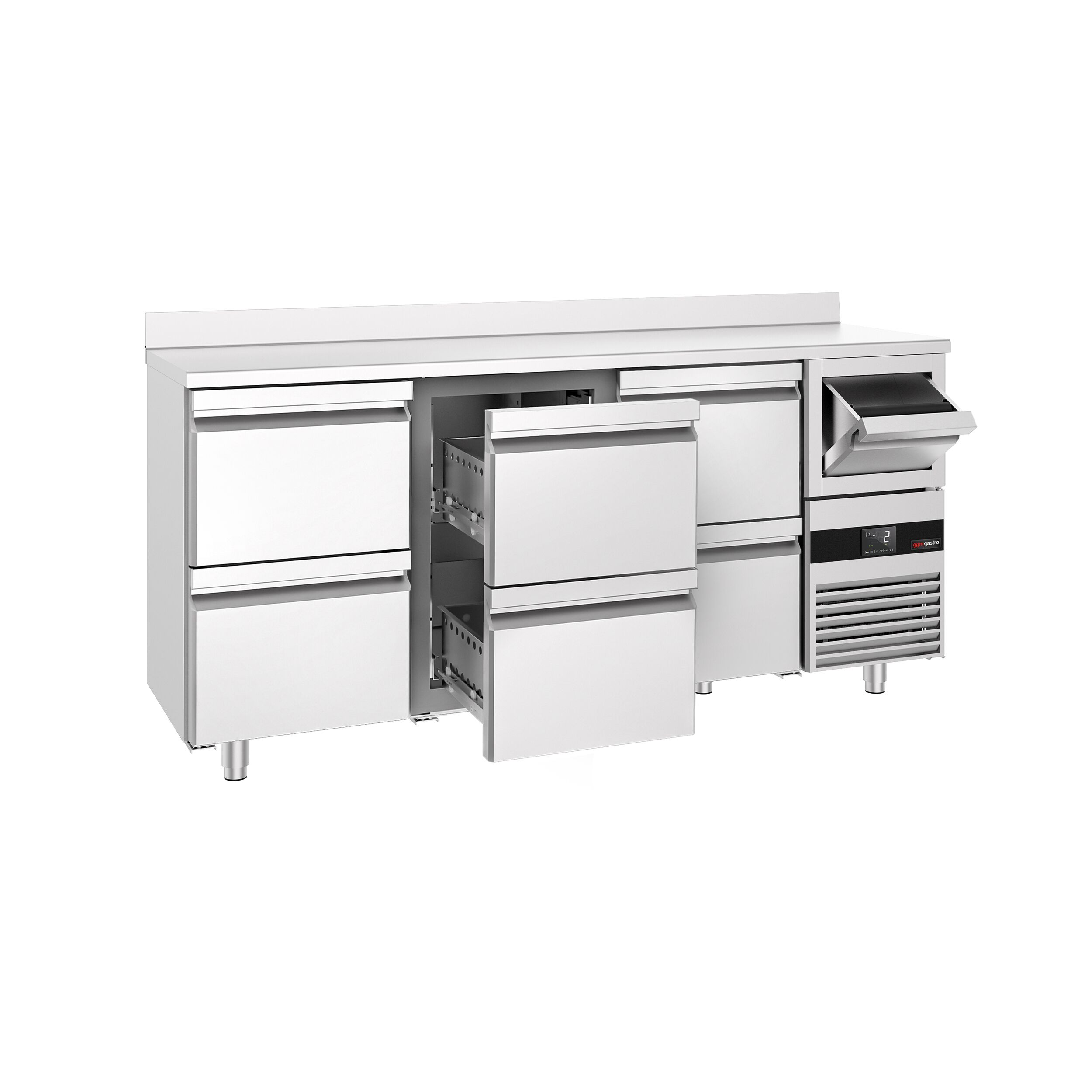 Barkylbänk PREMIUM - 2135x600 mm - 570 liter - 6 lådor GN 1/2, stänkkant & utklopp för kaffe