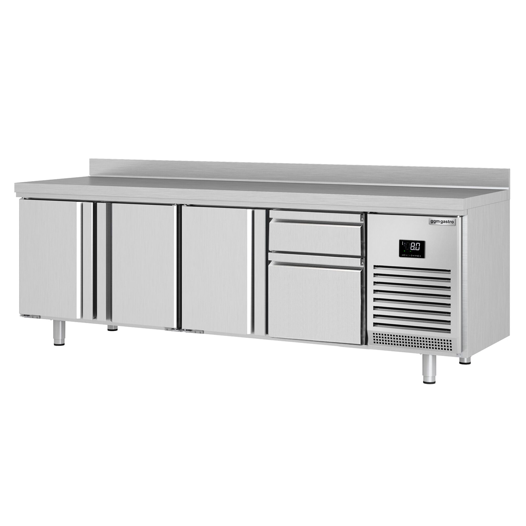 Table réfrigérée Premium PLUS - 2452x700 mm - avec 3 portes - 2 tiroirs - avec dosseret