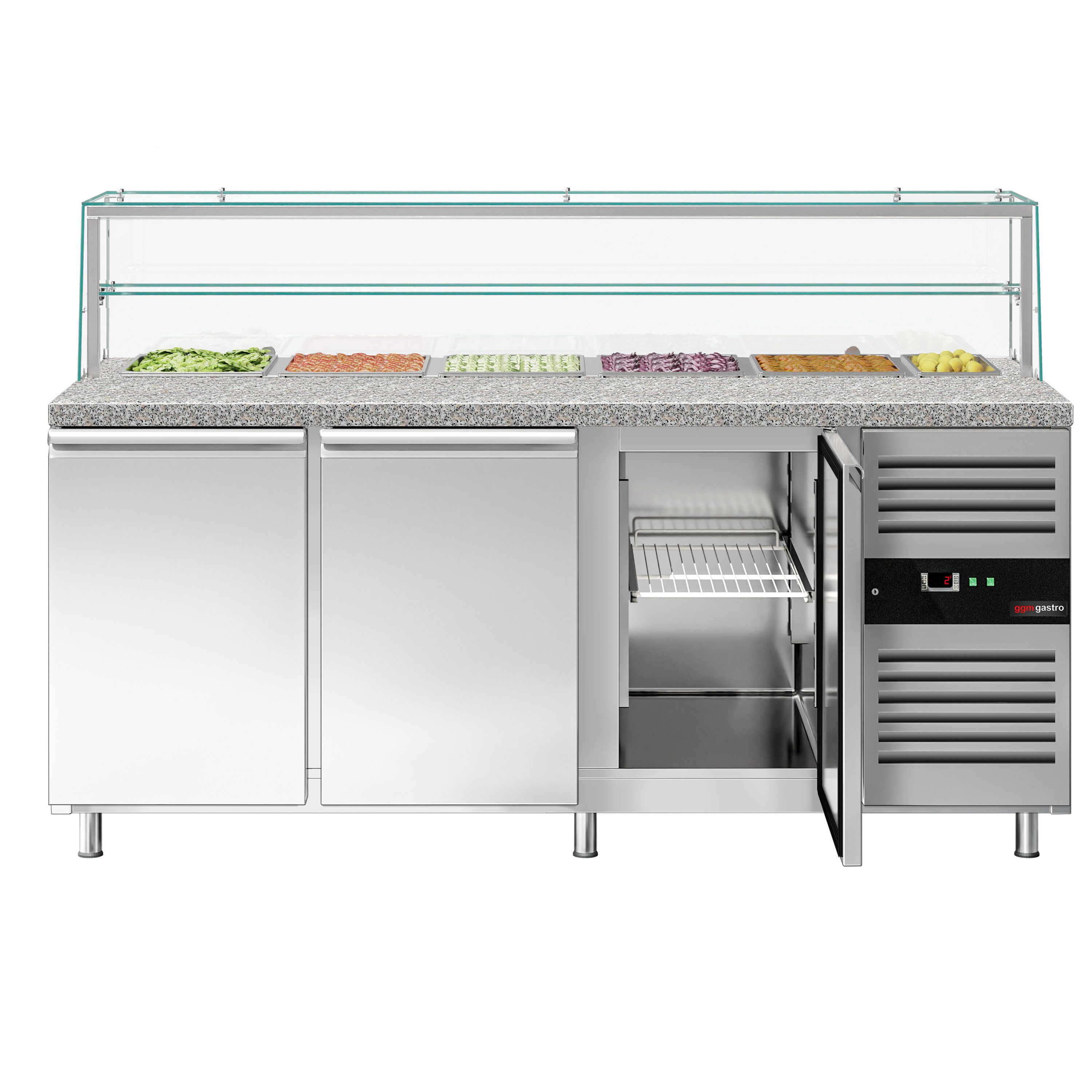 Saladette réfrigérée PREMIUM - 2020mm - 580L - 3 portes - avec vitrine de comptoir pour 5x GN 1/1 & 1x GN 2/4 & 1 étagère - plan de travail en granit noir