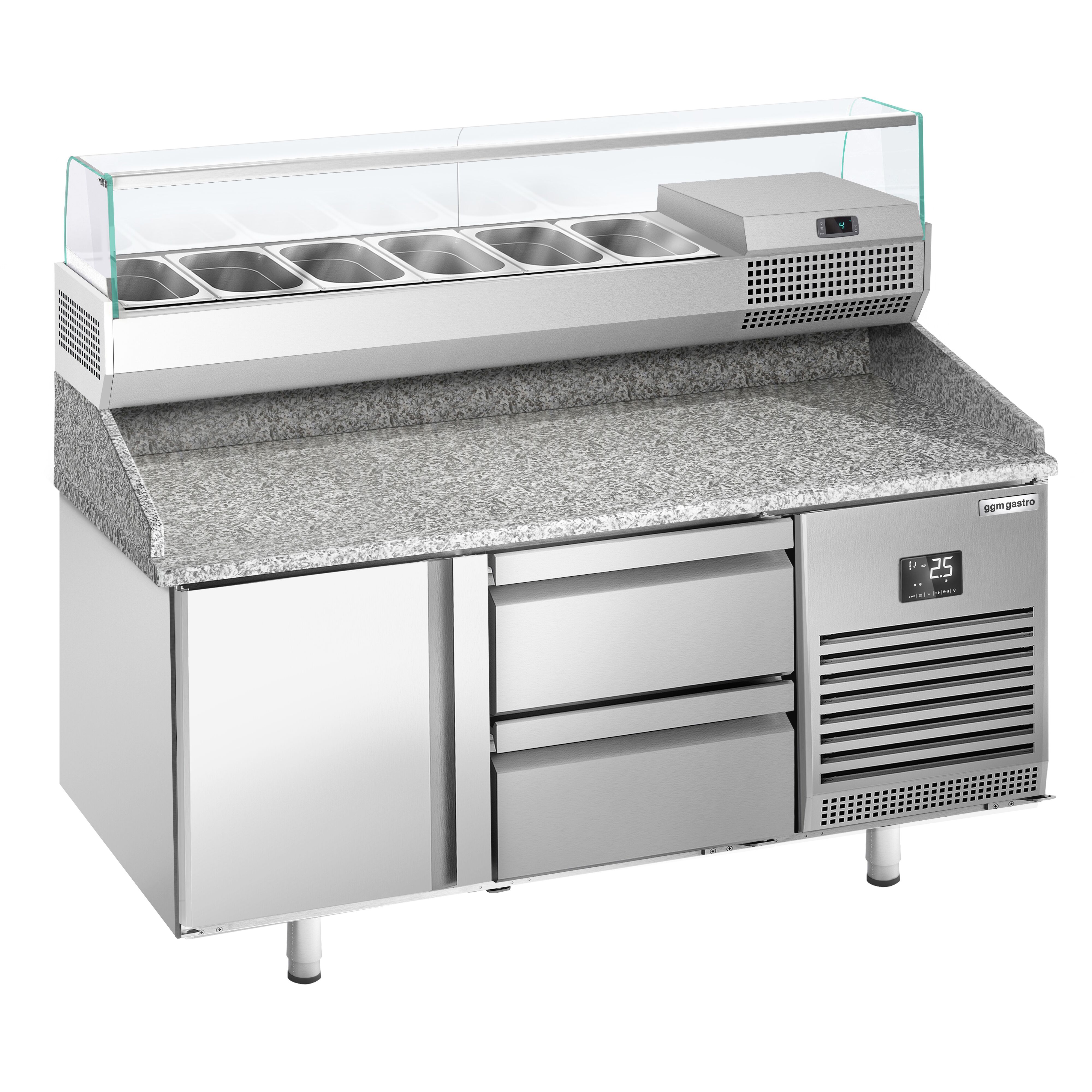 Table réfrigérée à pizza Premium PLUS - 1490x700 mm - avec 1 porte & 2 tiroirs - incl. vitrine réfrigérée - 6x GN 1/4