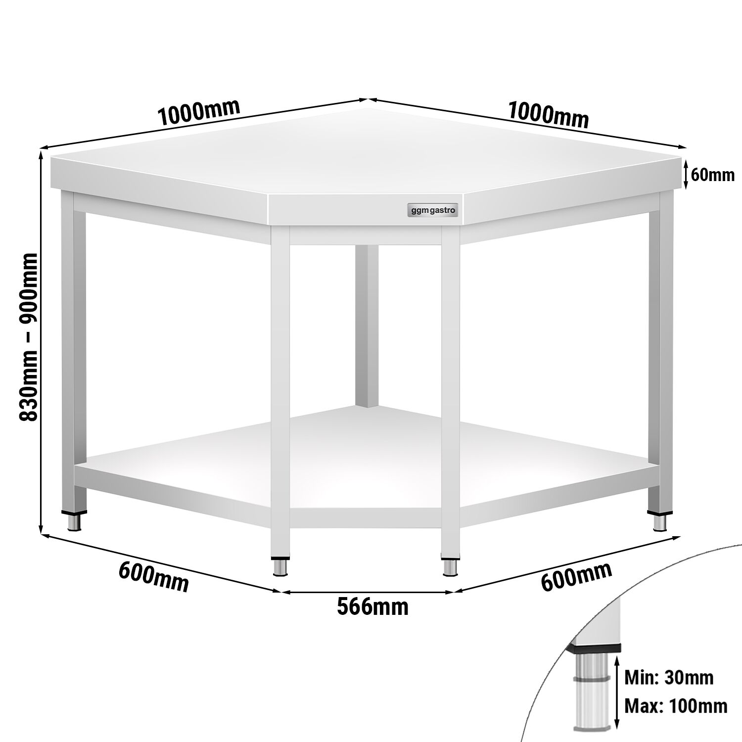 Table de travail en inox d’angle PREMIUM - 1000x600mm - avec étagère basse + traverses de renfort