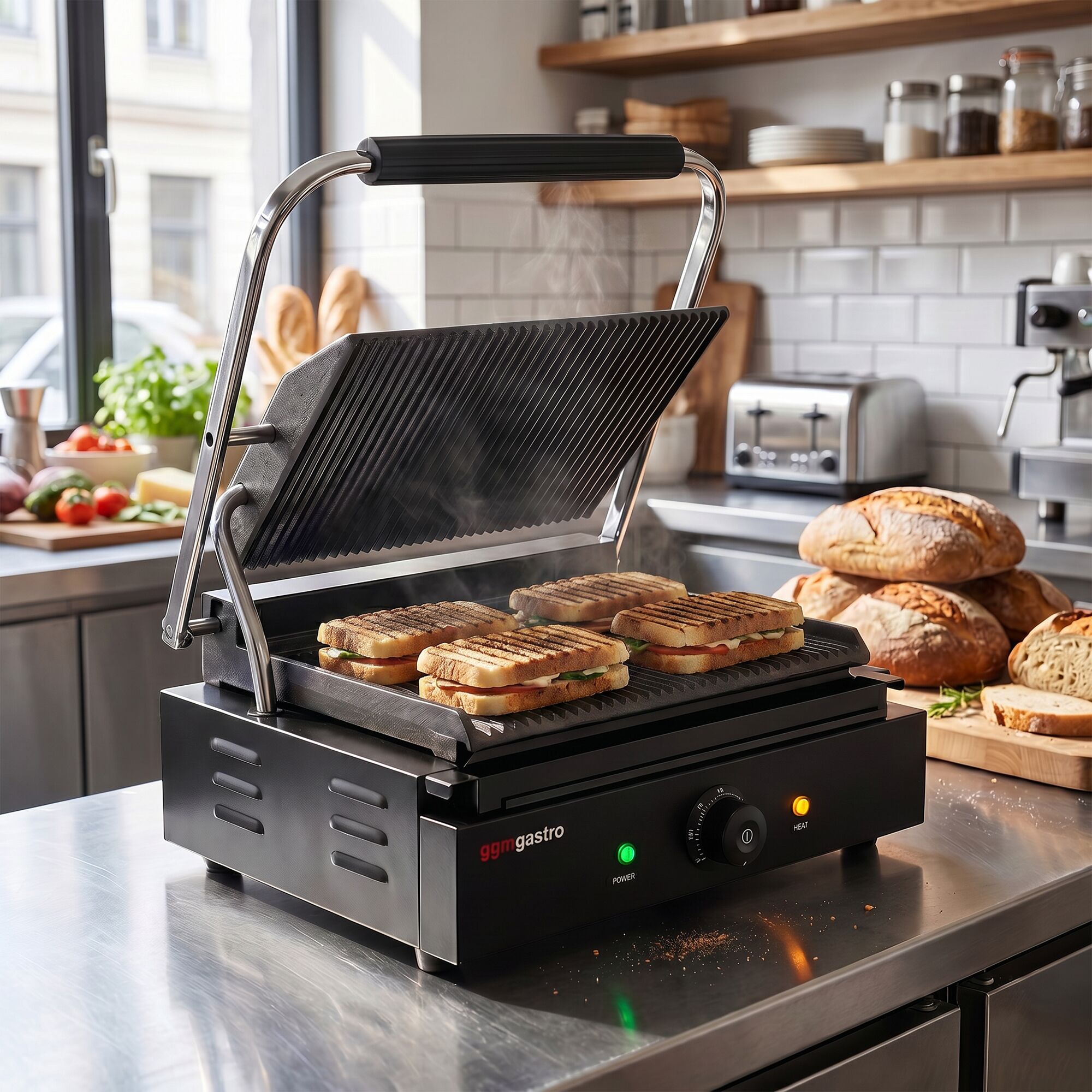 Commercial Contact Grill – Ribbed Top & Bottom Plates – 2.2 kW – Grill Area: 345 × 235 mm