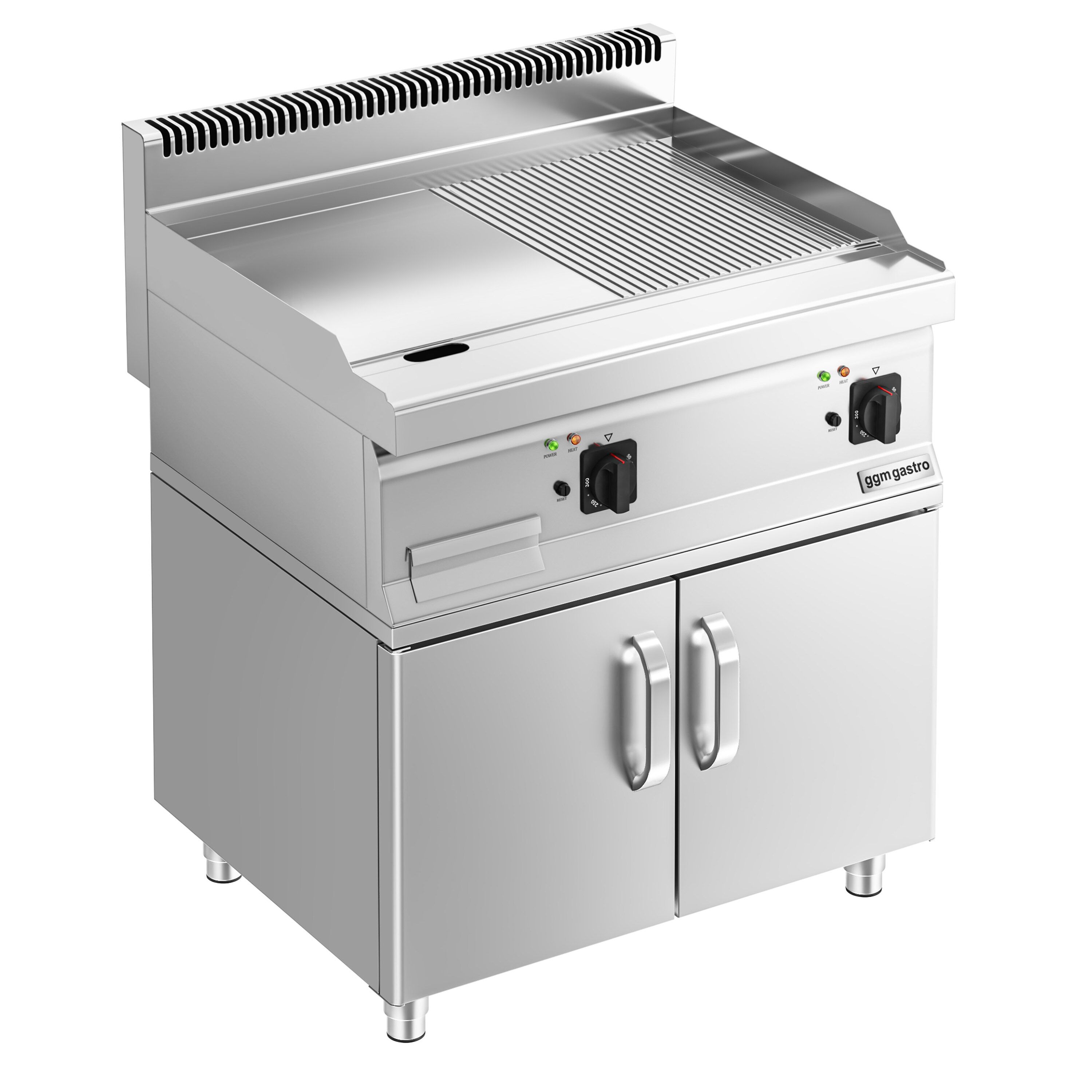 Plancha électrique - plaque acier - 2 zones - 9,0 kW - 1/2 lisse, 1/2 rainurée - Surface de cuisson : 595x500mm - incl. soubassement avec 2 portes