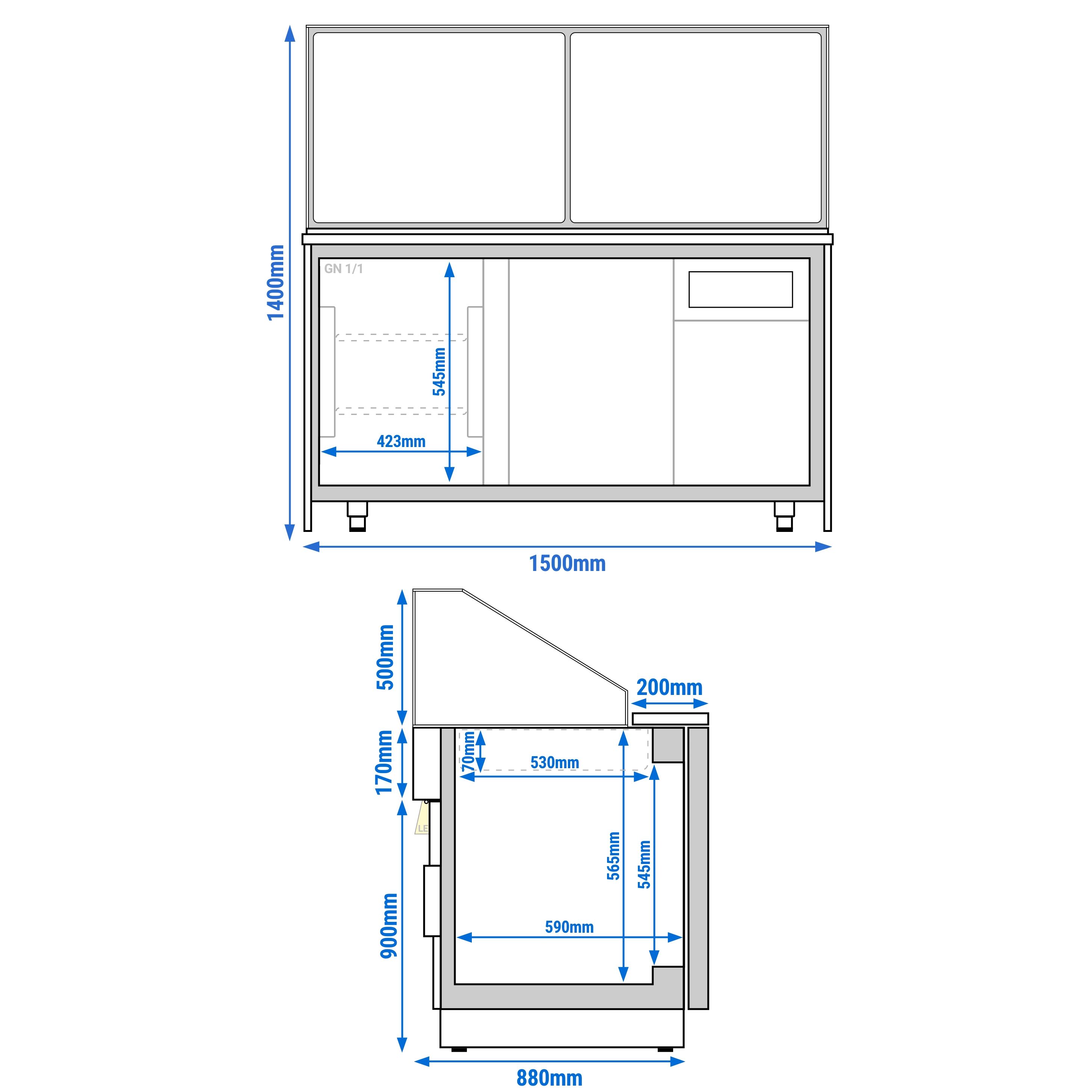 Saladette réfrigérée - 1500mm - façade décor bois naturel - 2 portes - avec vitrine de comptoir pour 4x GN 1/1 & 1 étagère - plan de travail en granit noir