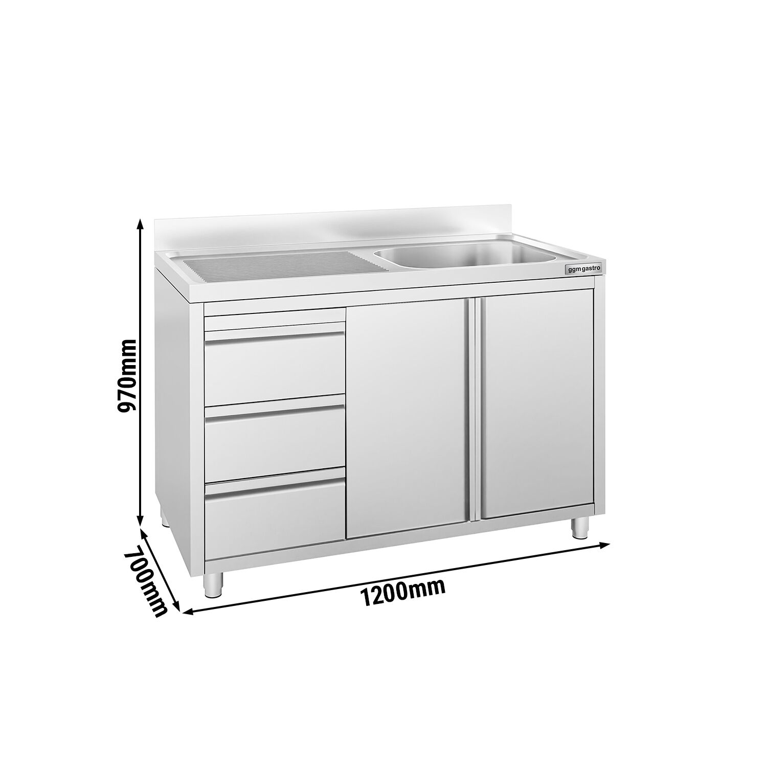 Lavello armadiato ECO - in acciaio inox - 1200x700mm - 3 cassetti - 1 vasca a destra