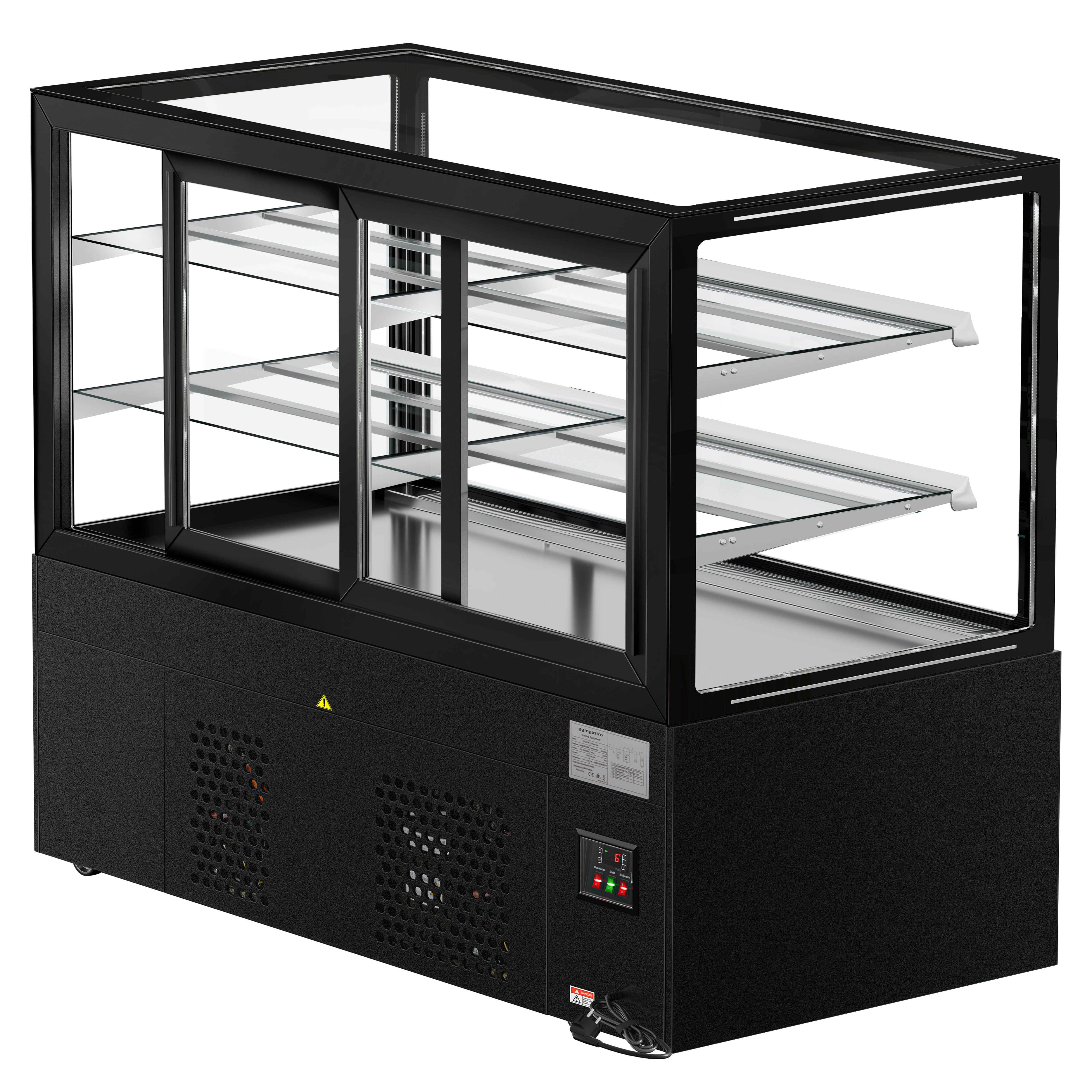 Vitrine à pâtisserie réfrigérée MADRID - 620L - 1500mm - Double vitrage - avec 2 étagères en verre - portes coulissantes vitrées arrière - pour pâtisseries - Noir mat