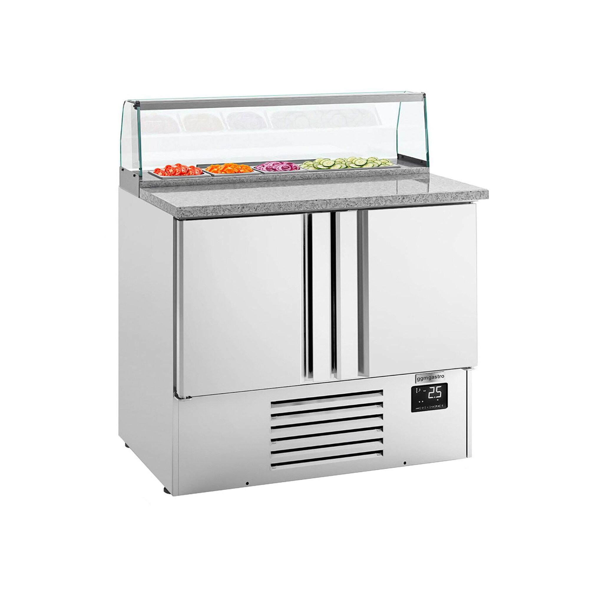 Saladette réfrigérée - 978mm - 230L - 2 portes - avec vitrine de comptoir pour 5x GN 1/6 & 1 étagère - plan de travail en granit noir