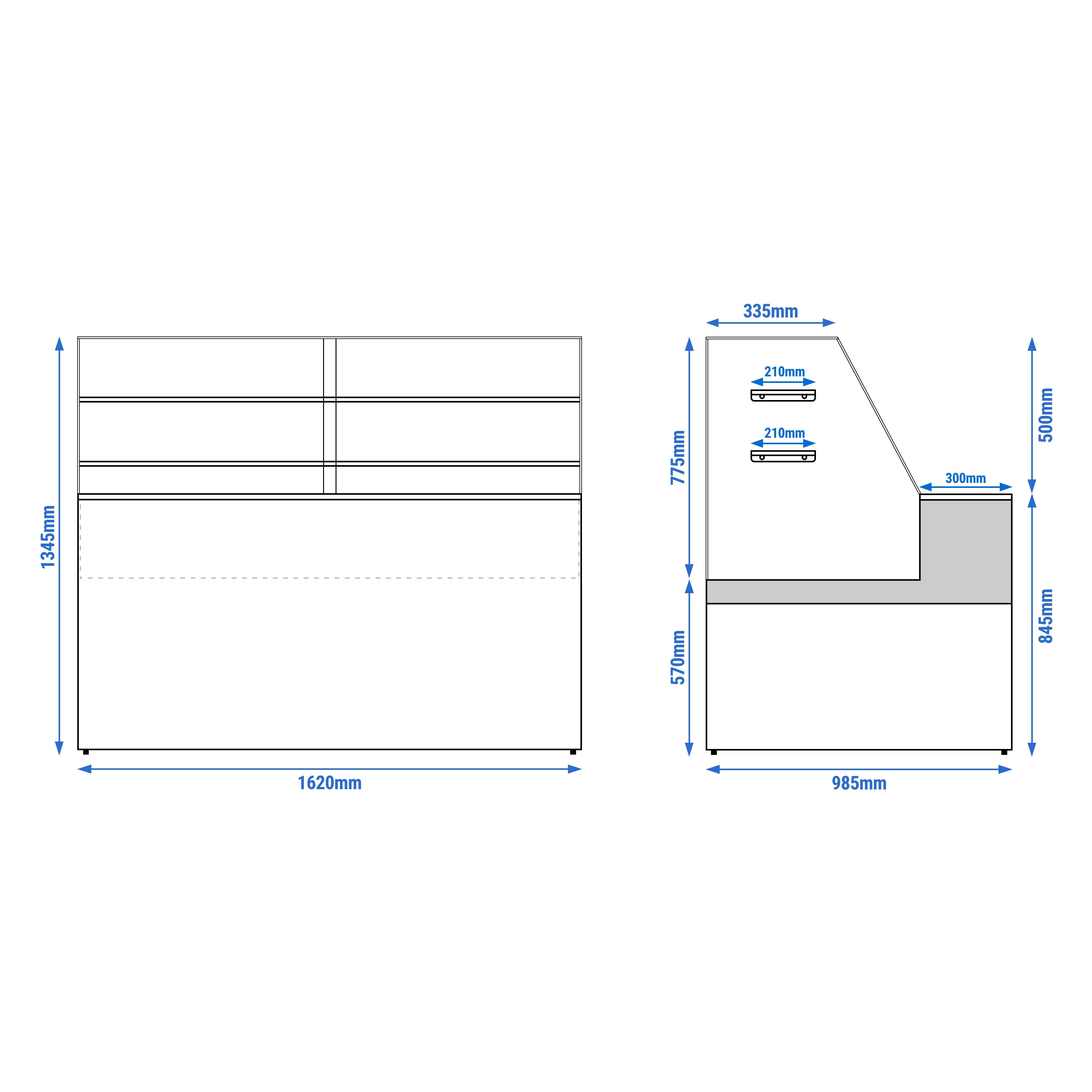 Comptoir vitrine réfrigérée - 1622x985mm - +4/+8°C - 2 portes - 2 étagères - Éclairage LED