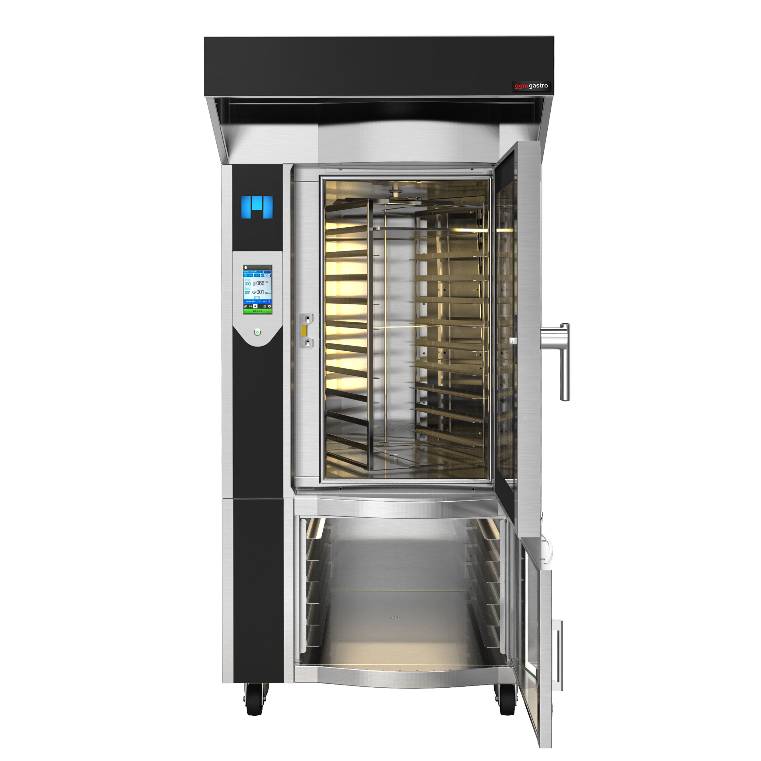 Four à chariot rotatif Électrique Four à convection avec injection d’eau - Écran tactile - 10 niveaux 600x400mm - Acier inoxydable - avec hotte & armoire de fermentation