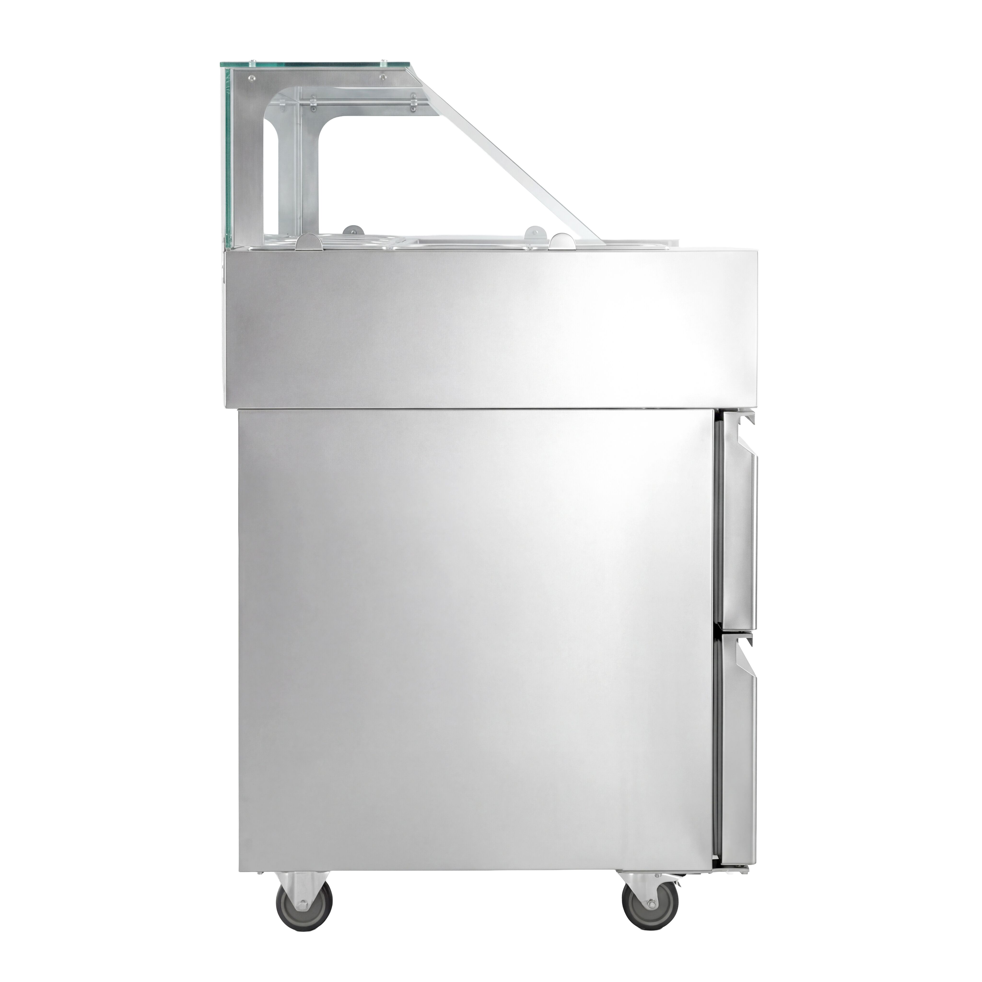 Saladette Kompakt - 1210x700 mm - glasöverdel - inbyggd kylränna - 4 lådor - för 9x GN 1/6 - inkl. Korvgrill/Hot dog‑grill & -värmare