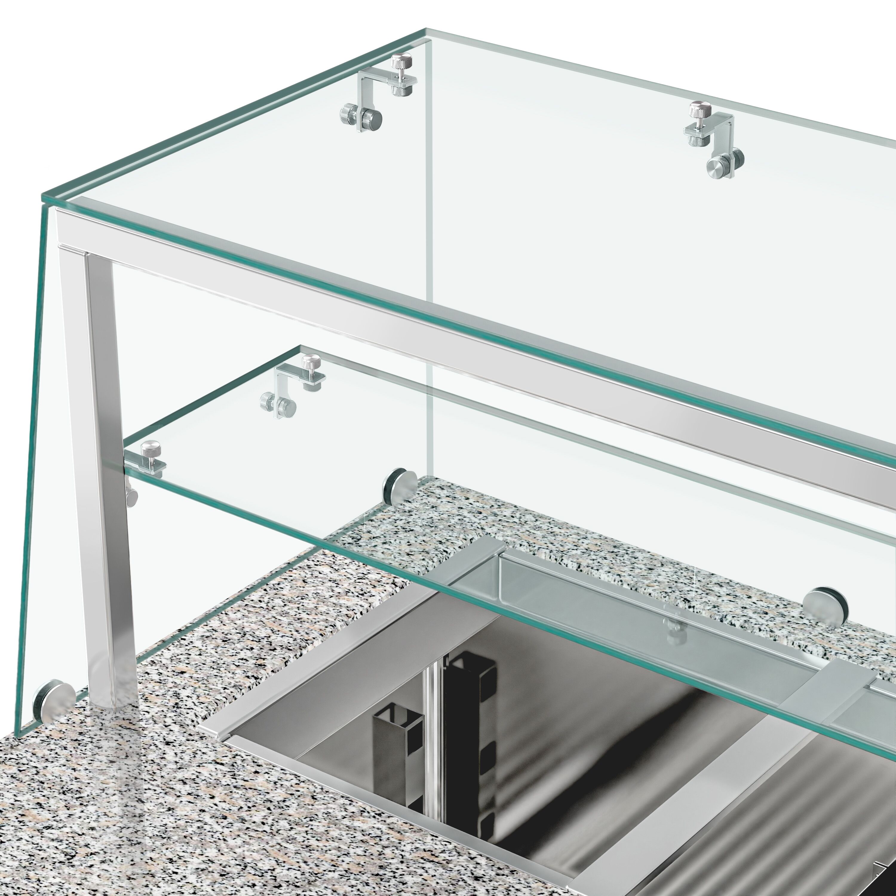 Saladette réfrigérée PREMIUM - 1515mm - 390L - 2 portes - avec vitrine de comptoir pour 4x GN 1/1 & 1 étagère - plan de travail en granit noir