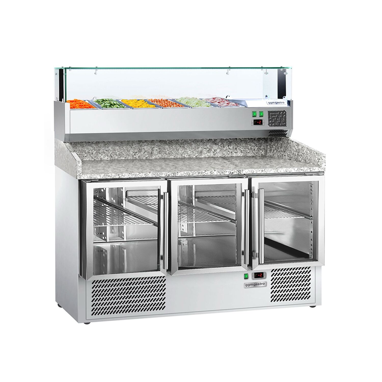 Table réfrigérée à pizza PREMIUM - 1400x700 mm - 3 portes vitrées - incl. vitrine réfrigérée - 6x GN 1/4