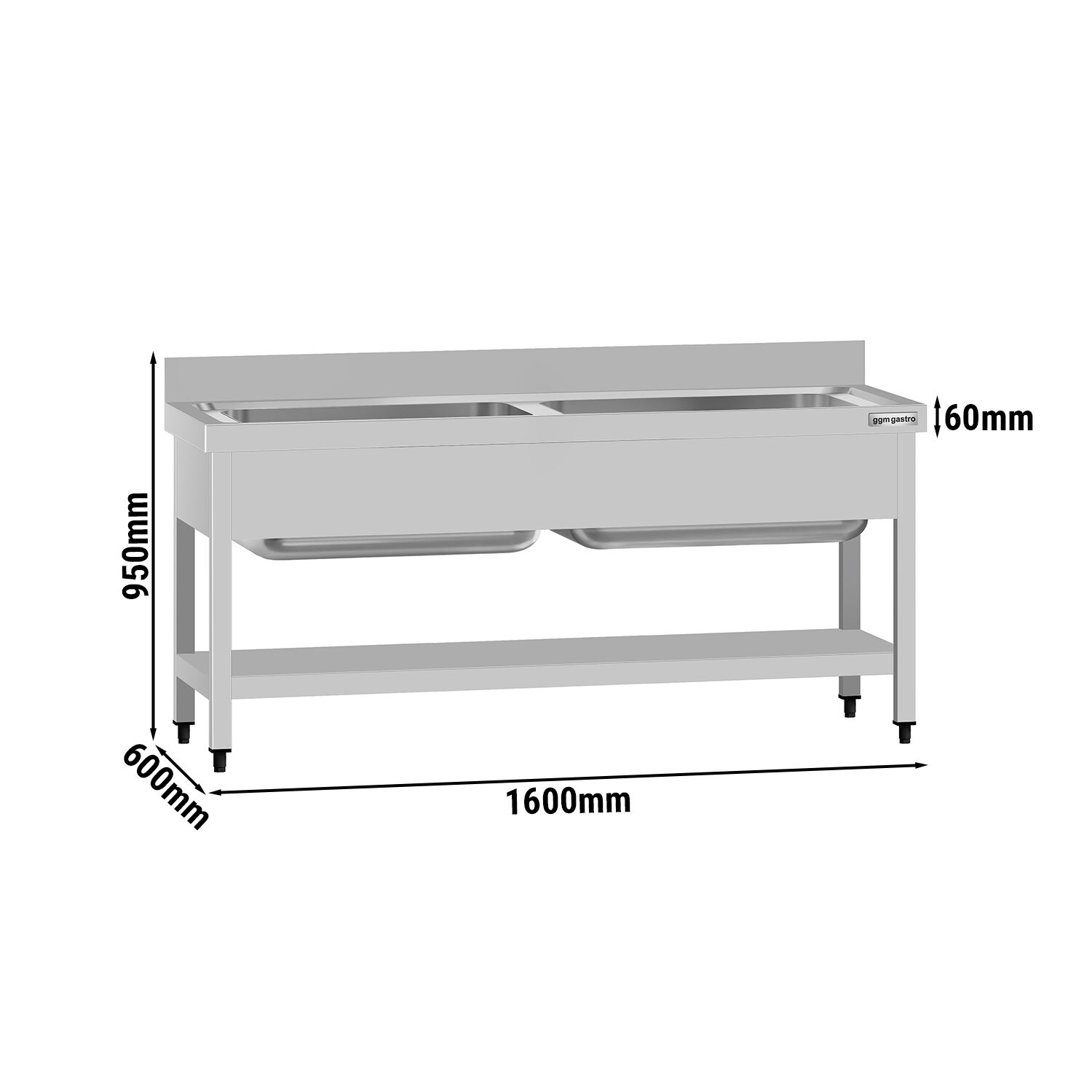 Plonge en inox ECO - 1600x600mm - avec étagère basse & 2 bacs
