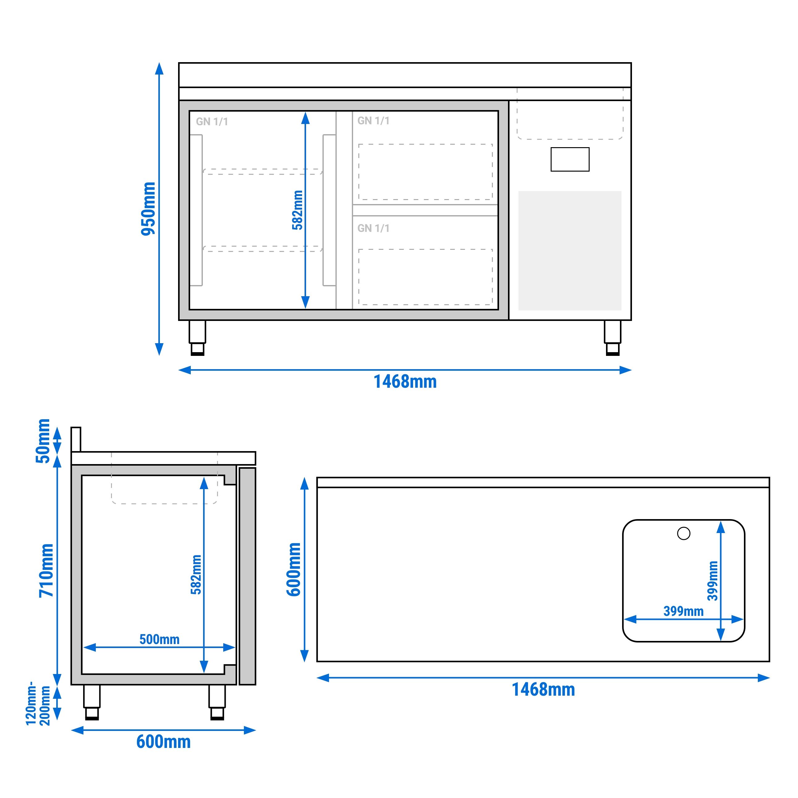 Table réfrigérée Premium PLUS - 1468x600 mm - avec 1 bac, 1 porte & 2 tiroirs - avec dosseret