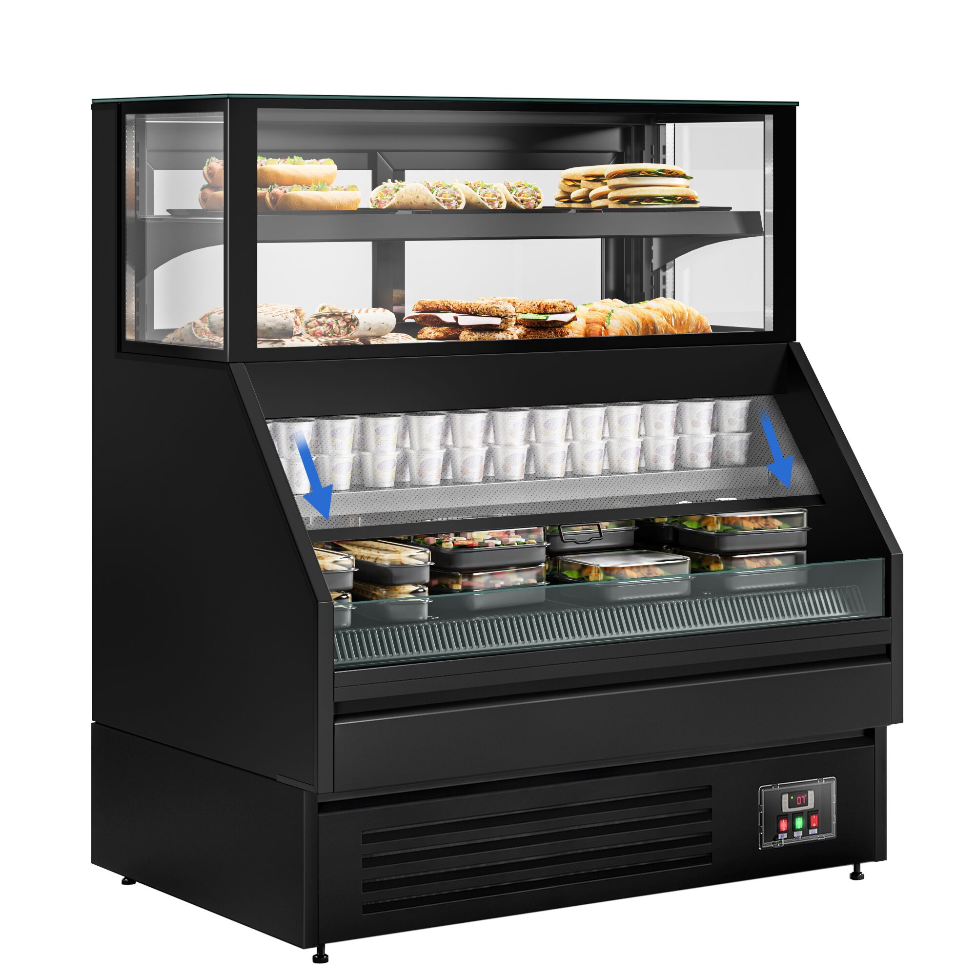 Comptoir vitrine réfrigérée HELSINKI - 1200x800mm - 199L - 4 étagères - +2/+8°C - Portes coulissantes vitrées