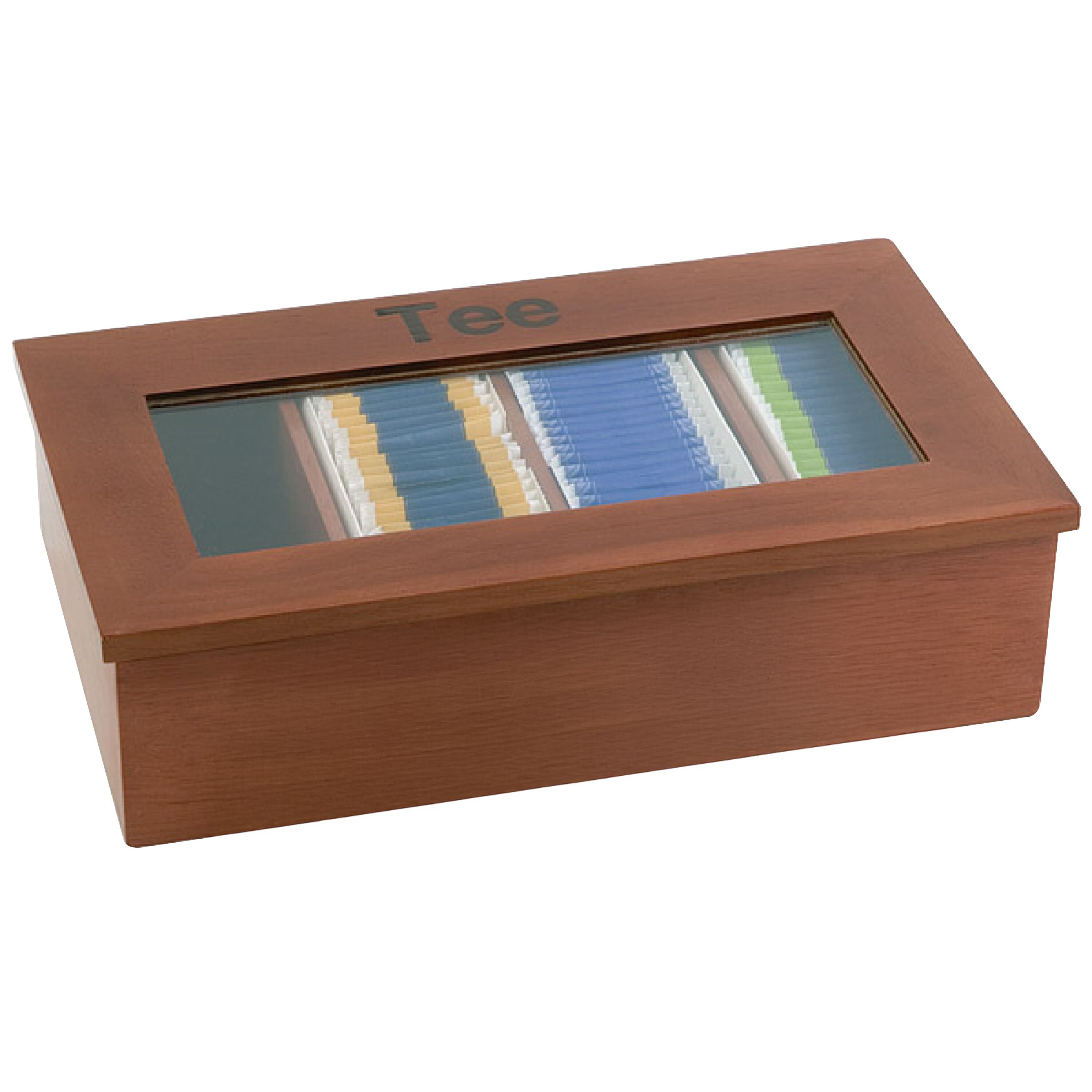 Mini boîte à thé en bois - 4 compartiments - avec fenêtre acrylique - sans gravure - Brun foncé