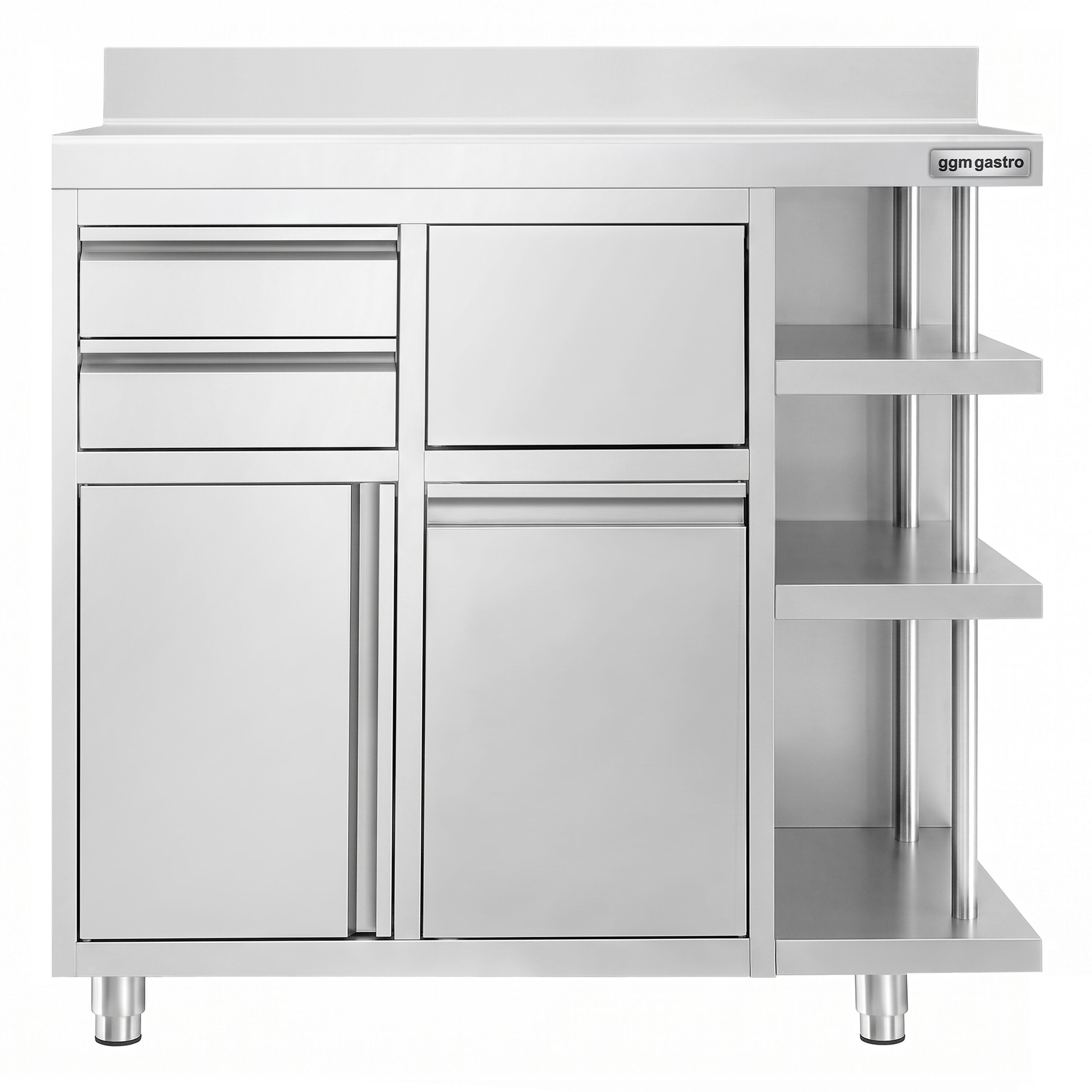Arbetsskåp – för kaffebryggare – 1200 x 600 mm – med 1 svängdörr, 2 lådor, papperskorg, 3 hyllor och upphöjd kant