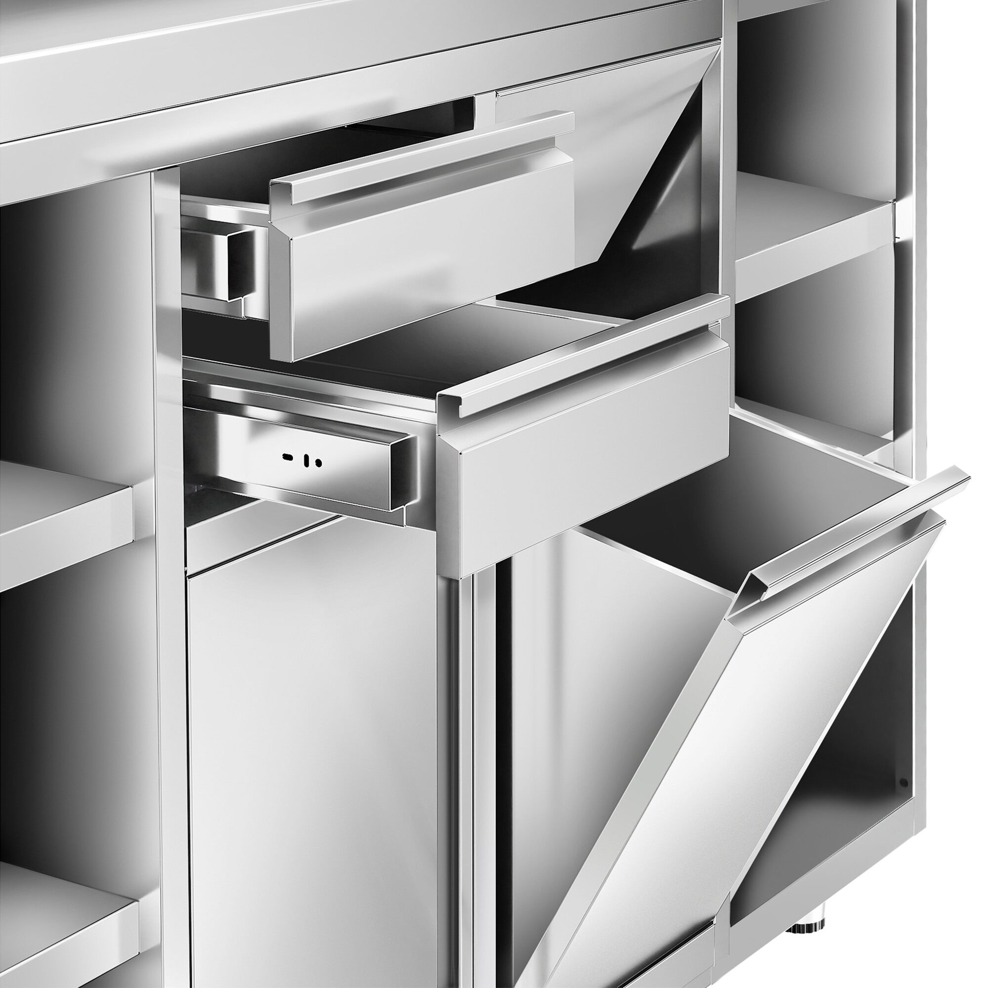 Arbeitsschrank - für Kaffeemaschine - 1600x600mm - mit 2 Schubladen, 1 Tür, 1 Mülleimer & Aufkantung