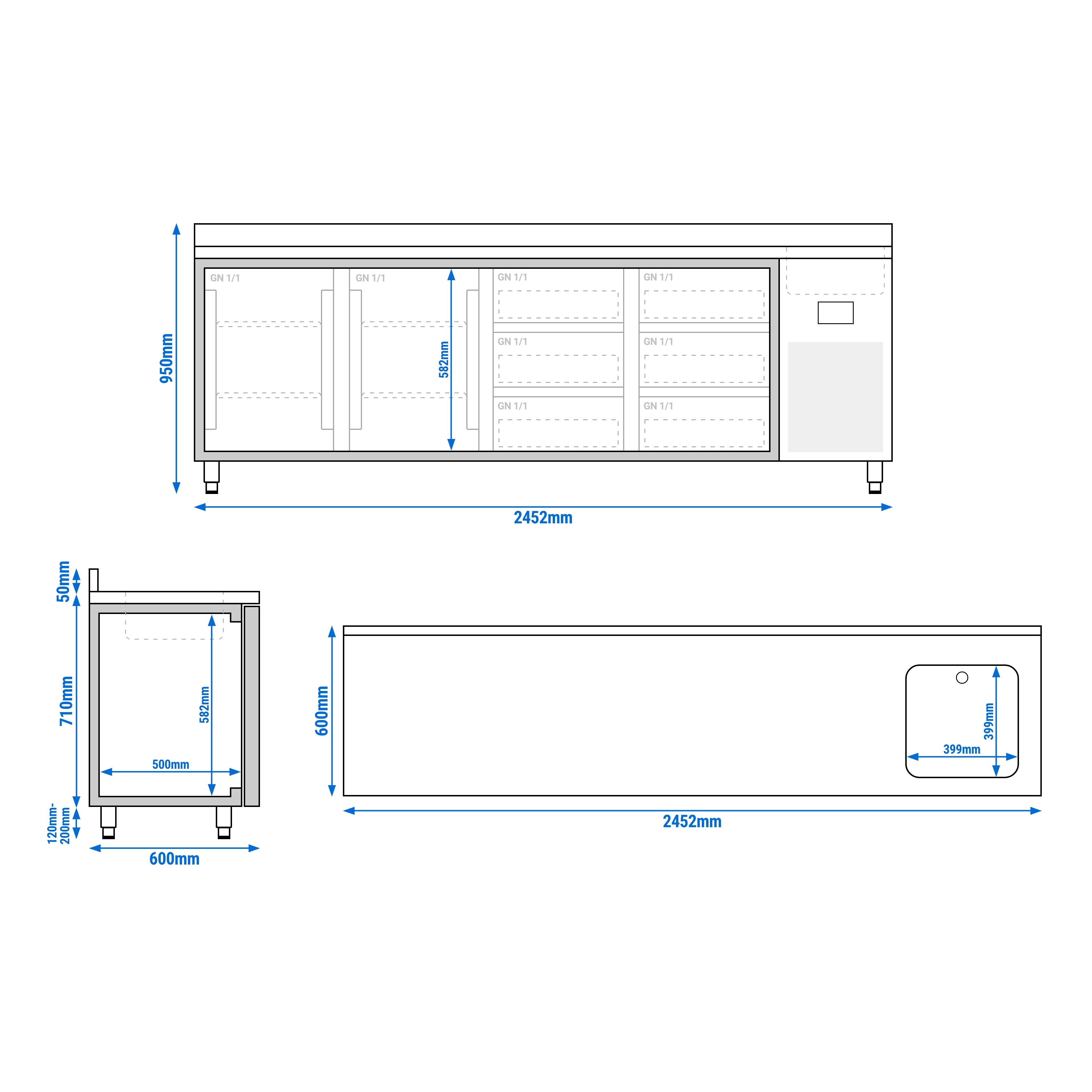 Mesa refrigerada PREMIUM PLUS - 2452x600mm - 510L - 2 portas; 6 gavetas - GN 1/3 - com bacia; com ressalto traseiro; -2 a +8°C
