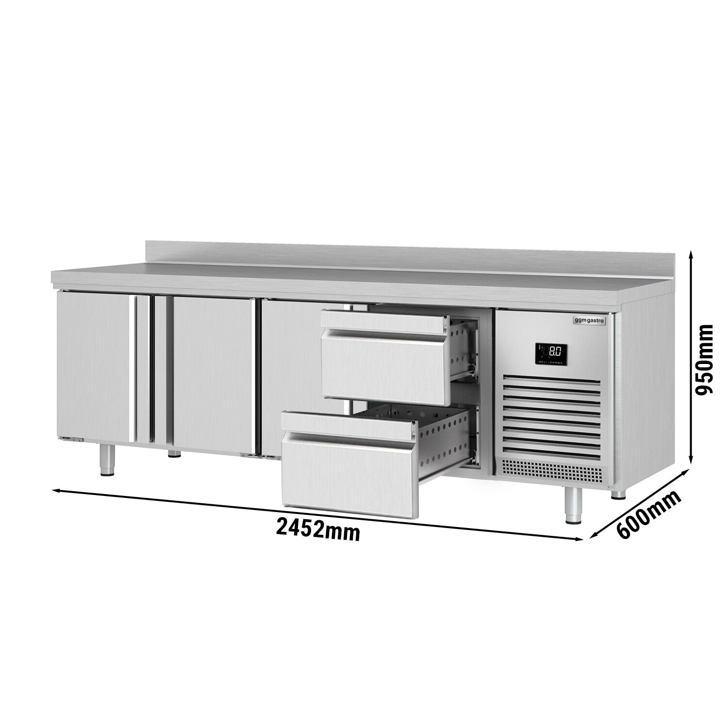 Table réfrigérée Premium PLUS - 2452x600 mm - avec 3 portes - 2 tiroirs - avec dosseret