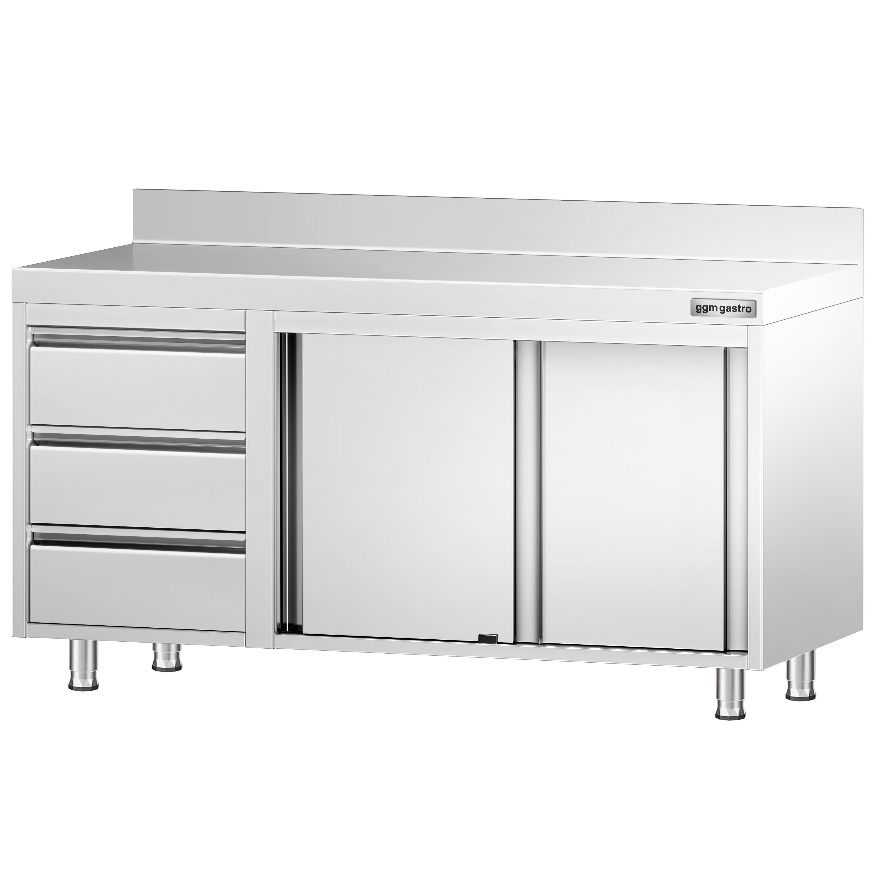 Table armoire en acier inoxydable PREMIUM - 1400x700mm - avec 3 tiroirs à gauche et portes coulissantes - avec dosseret