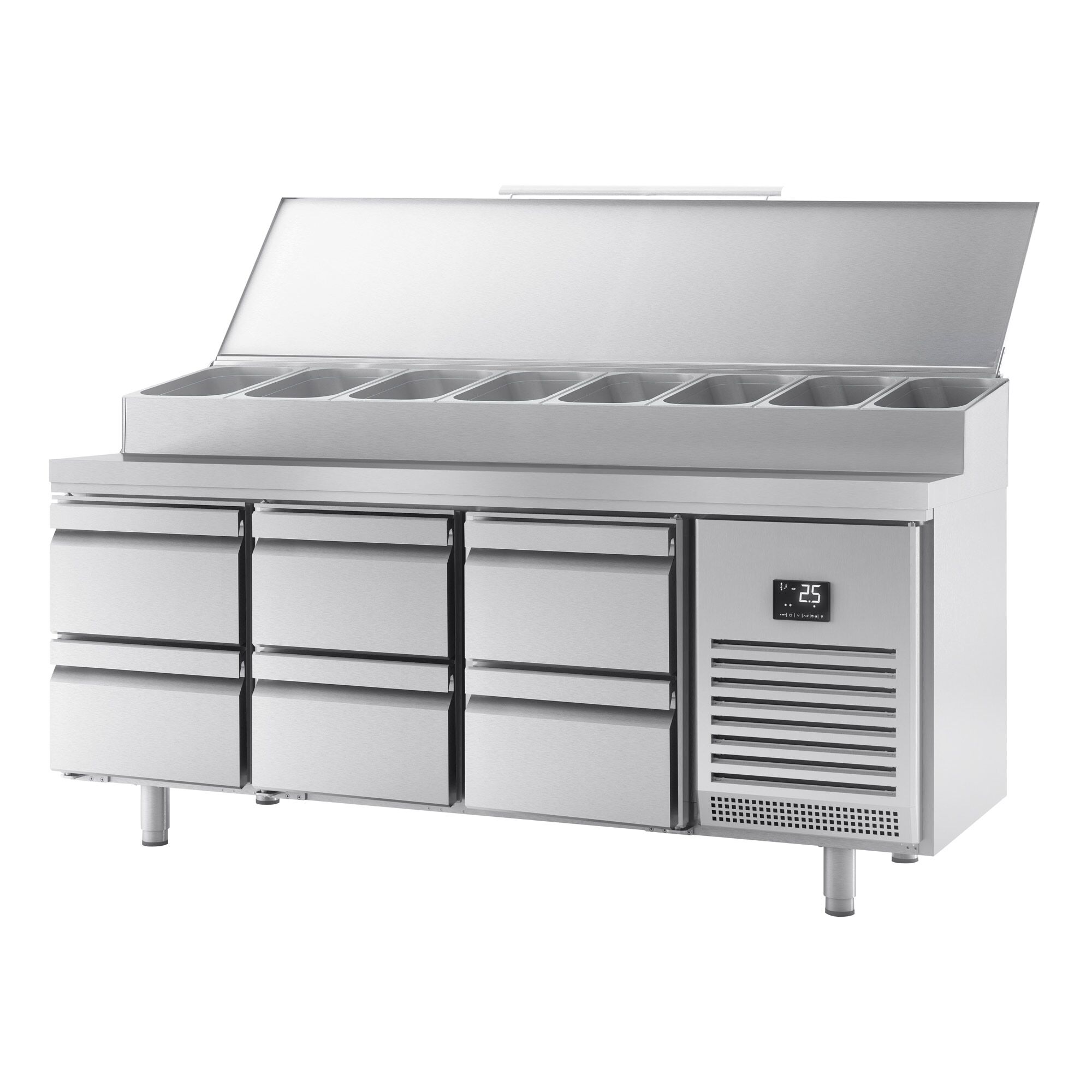 Table réfrigérée de préparation 1960x600 mm avec 6 tiroirs et superstructure inox pour 11 bacs GN 1/4