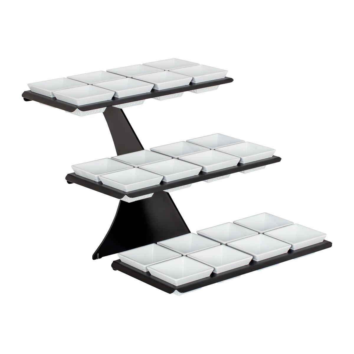 Etagere / Buffet Stand - Black - square - Height: 420mm - incl. 24 Melamine bowls 100x100mm - with 3 shelves - Powder-coated stainless steel & Melamine