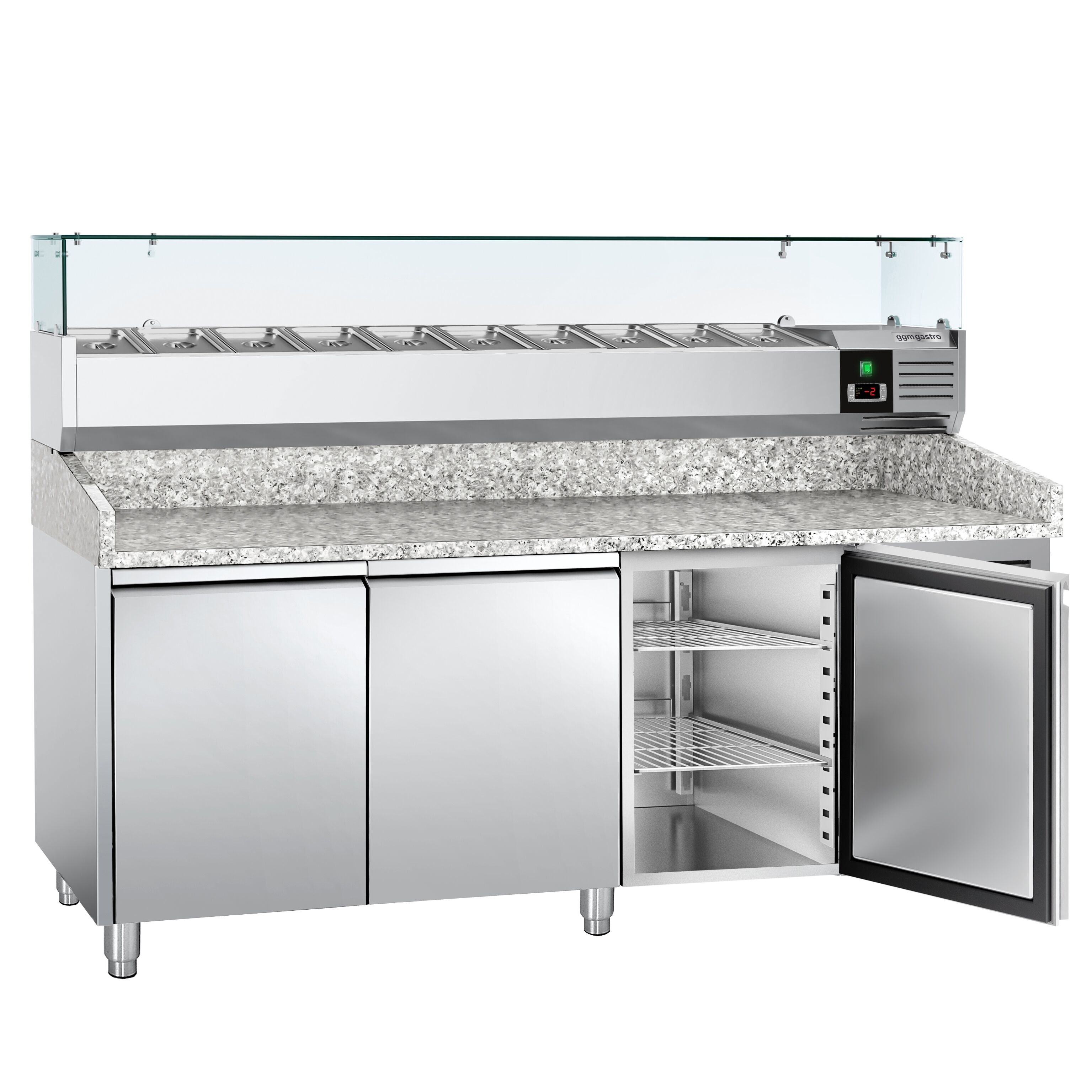Table réfrigérée à pizza ECO - 2000 x 800 mm - avec 3 portes - incl. vitrine réfrigérée - 10 x GN 1/4