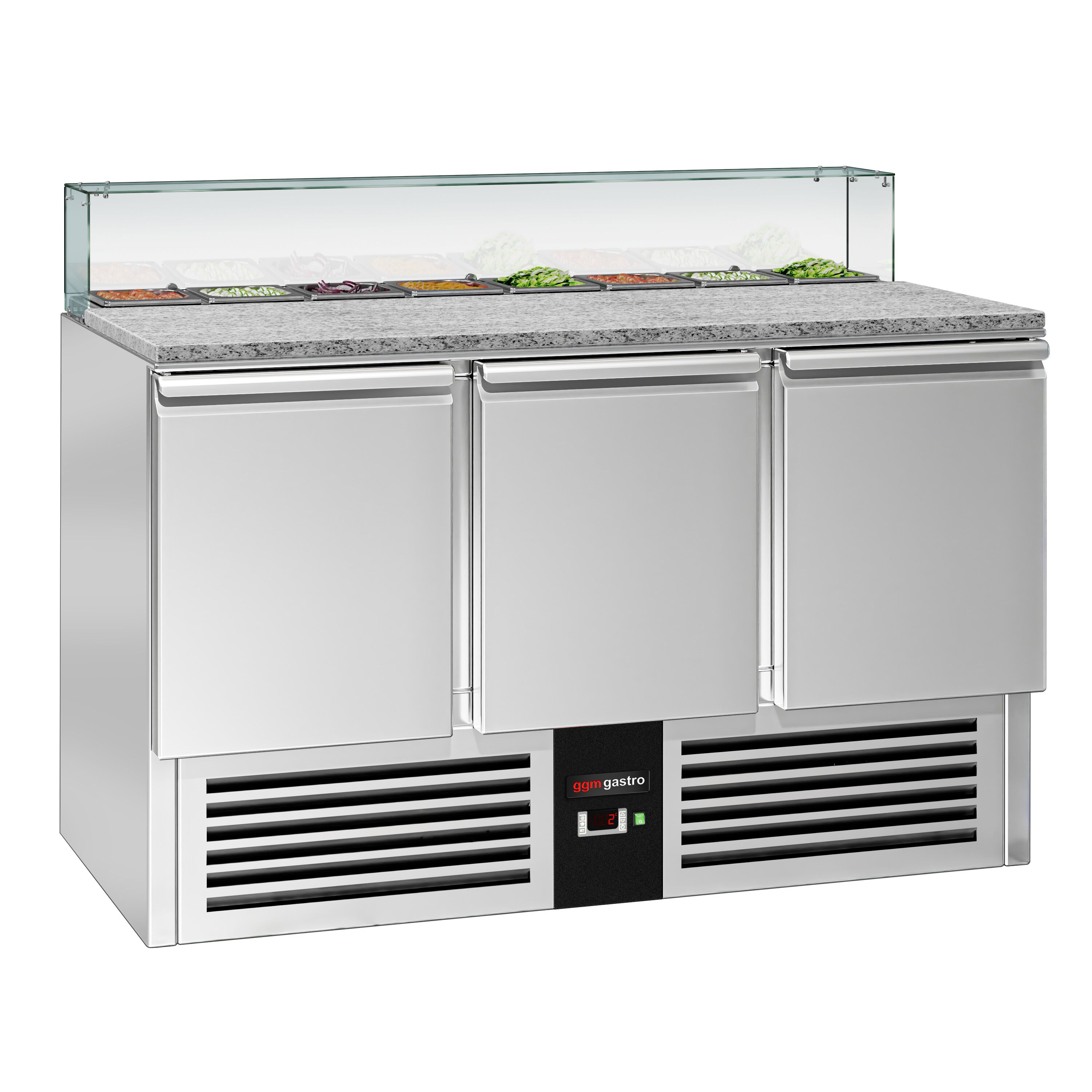 Saladette réfrigérée PREMIUM - 1368mm - 368L - 3 portes - avec vitrine de comptoir pour 8x GN 1/6