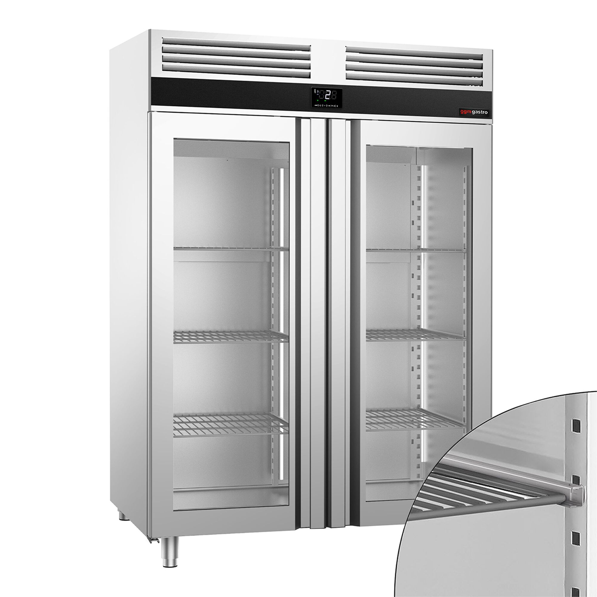 Armoire réfrigérée vitrée positive en acier inoxydable AISI 304 PREMIUM - GN 2/1 - 1400 L - avec 2 portes vitrées & Glissières GN & 6 grilles