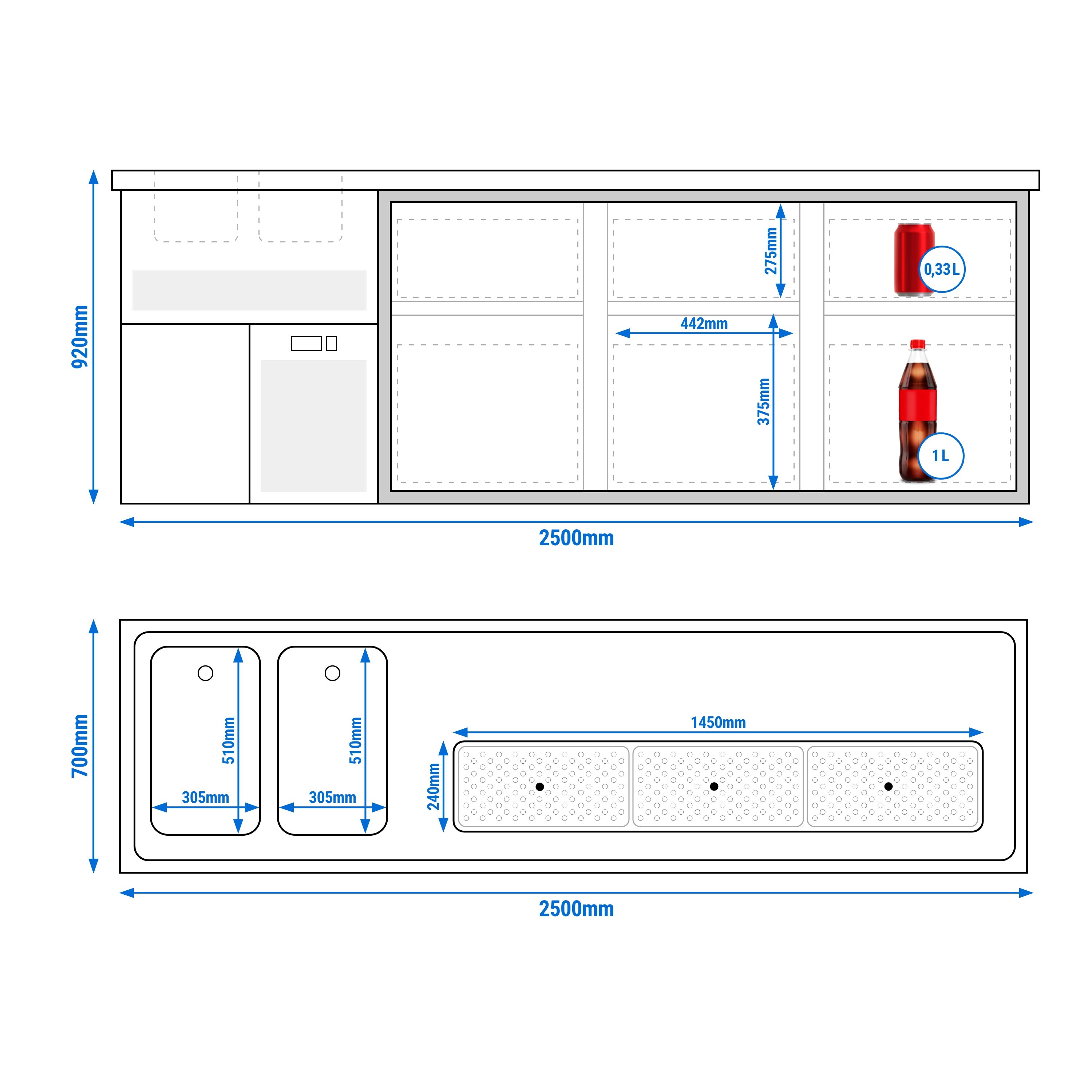 Comptoir de bar réfrigéré PREMIUM PLUS - 2500x700mm - 6 tiroirs