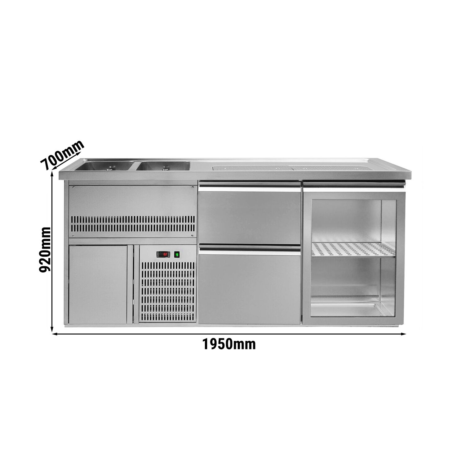 Comptoir à bière Premium PLUS – 1950 × 700 mm – 1 porte vitrée & 3 tiroirs