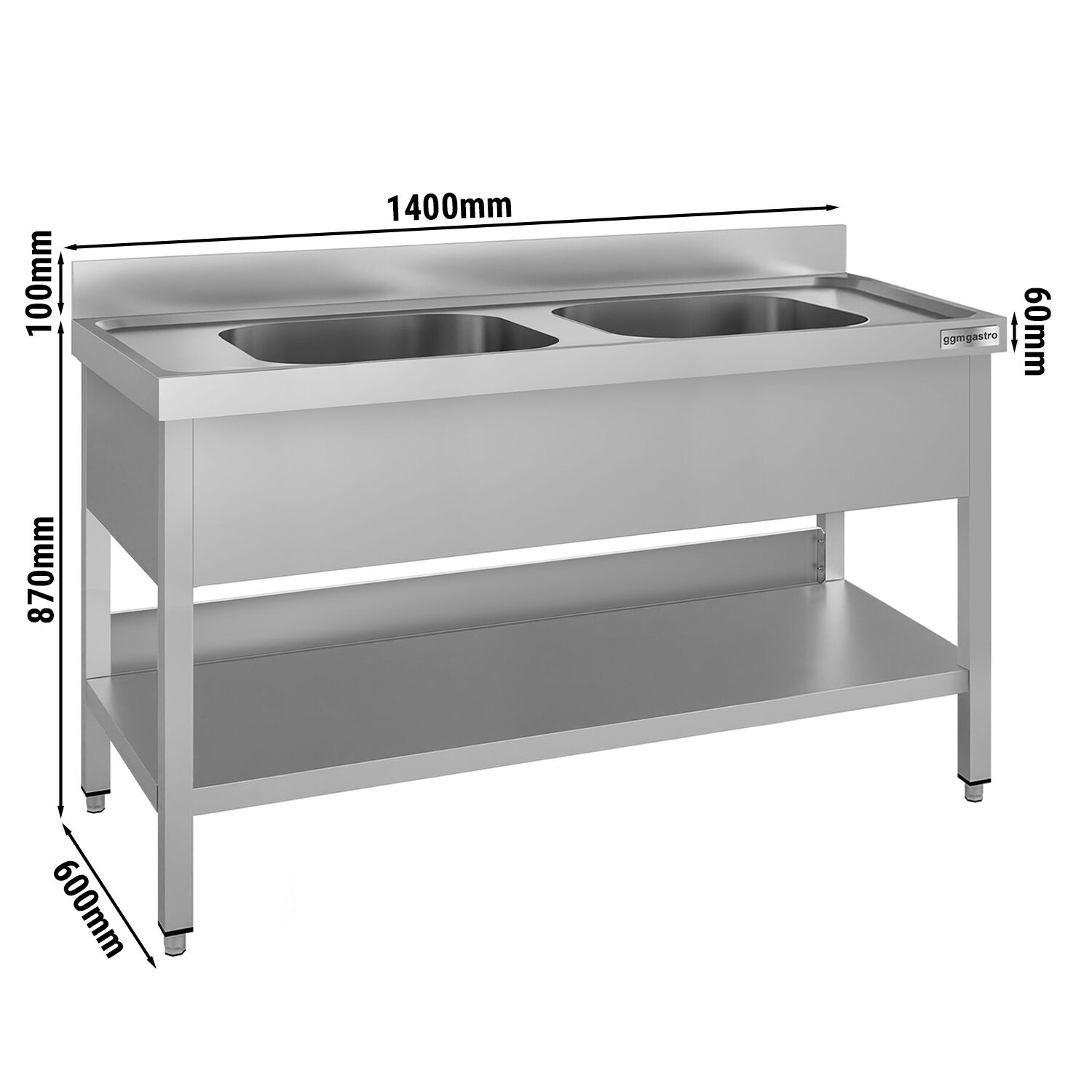 Plonge en inox ECO - 1400x600mm - avec étagère basse - 2 bacs au centre