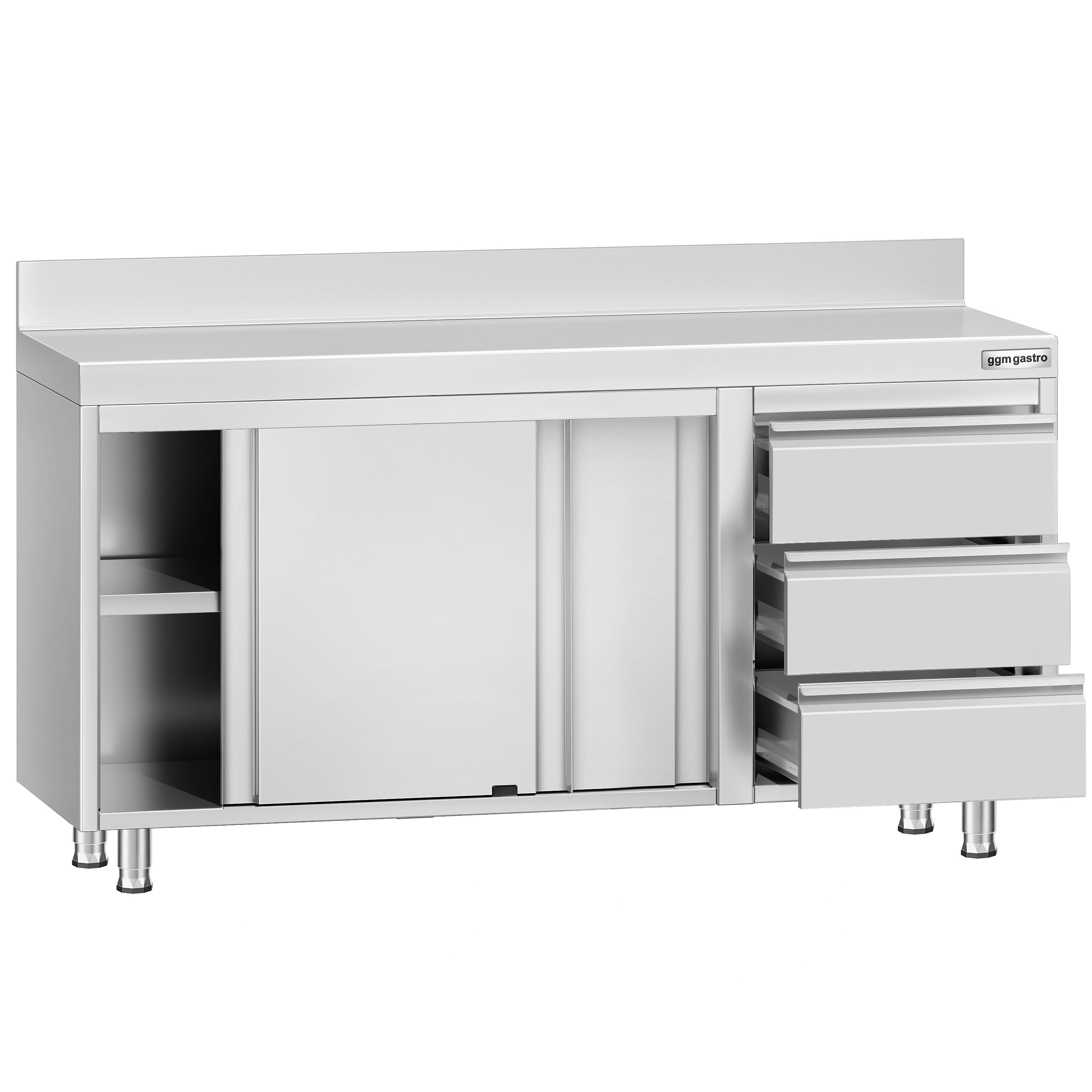 Table armoire en acier inoxydable ECO - 1400x600mm - avec 3 tiroirs à droite et portes coulissantes - avec dosseret
