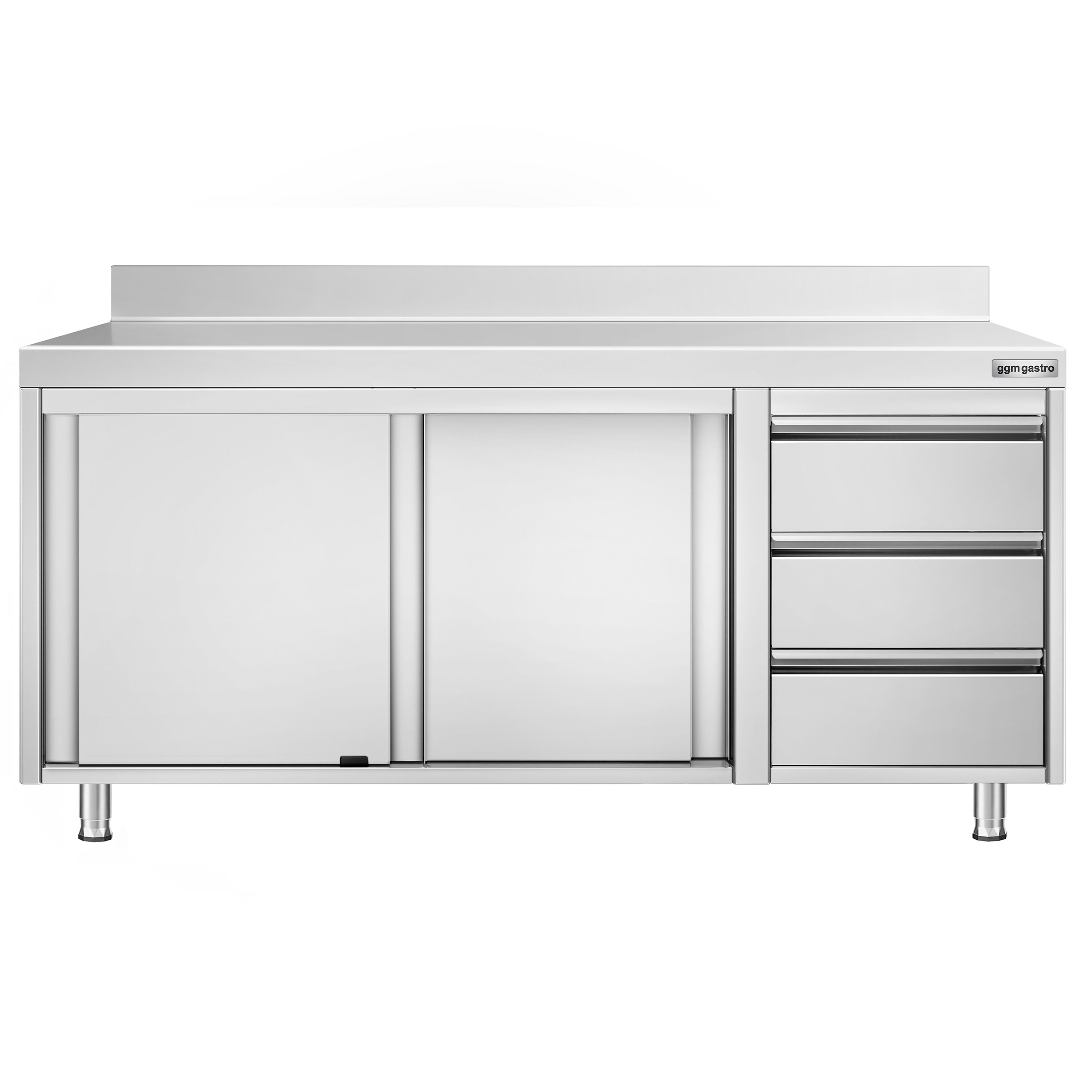 Table armoire en acier inoxydable PREMIUM - 1800x600mm - avec portes coulissantes et 3 tiroirs à droite - avec dosseret