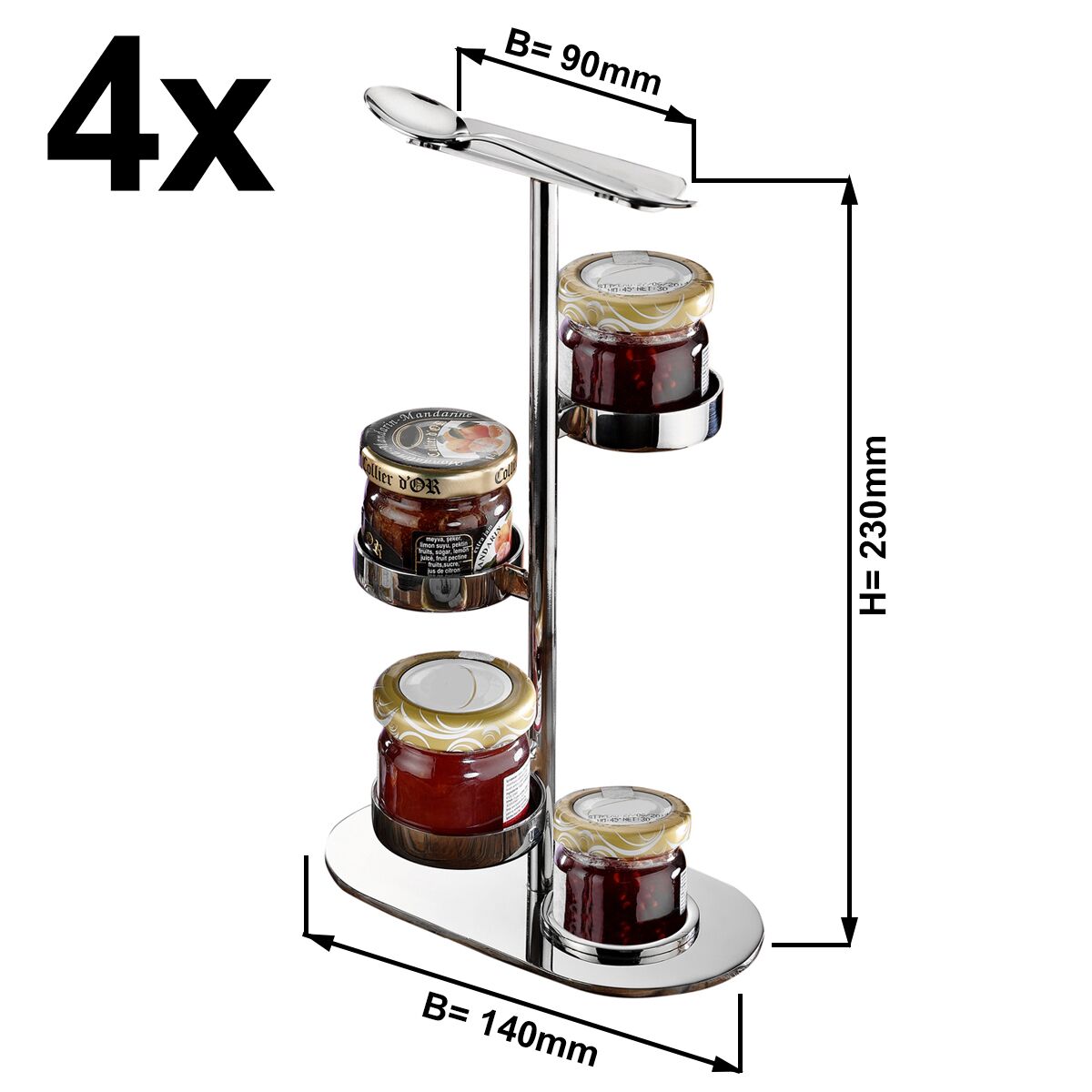 (4 pcs) Présentoir à confitures - Chrome - Hauteur:230mm - avec 4 Étagères