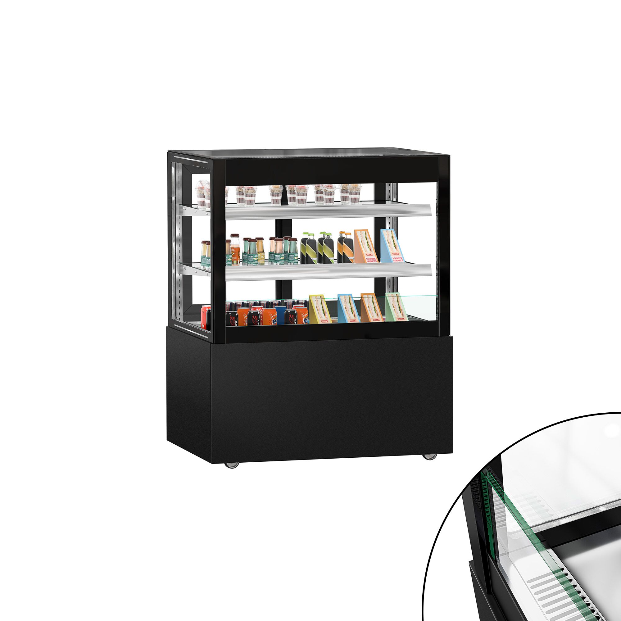 Vitrine à pâtisserie réfrigérée MADRID Self-Service - 435L - 1000mm - Double vitrage - avec 2 étagères en verre - portes coulissantes vitrées arrière - avec rideau de nuit - pour pâtisseries - Pour FR - Noir mat
