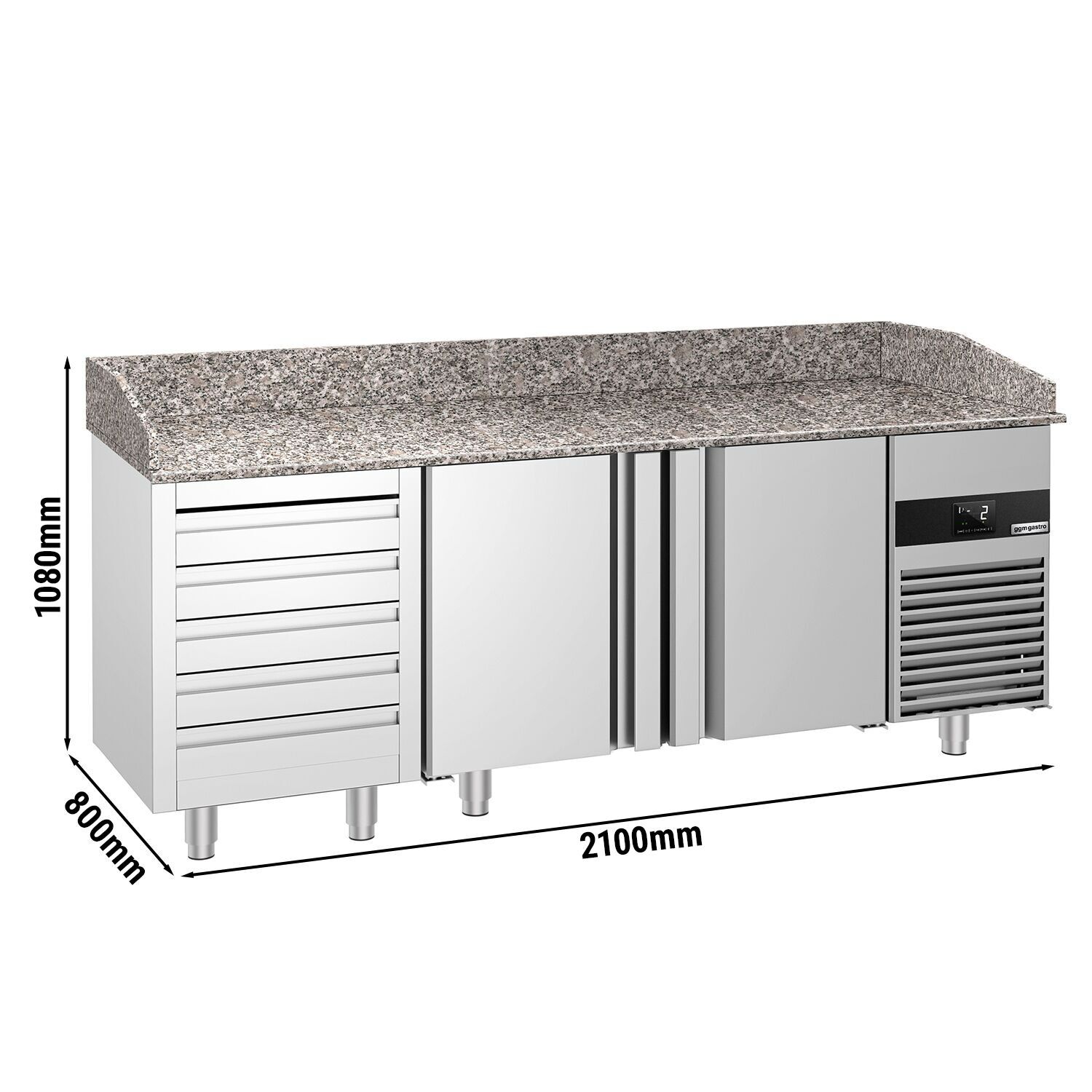 Table réfrigérée pour pizza PREMIUM - 2100 x 800 mm - avec 2 portes & 5 tiroirs