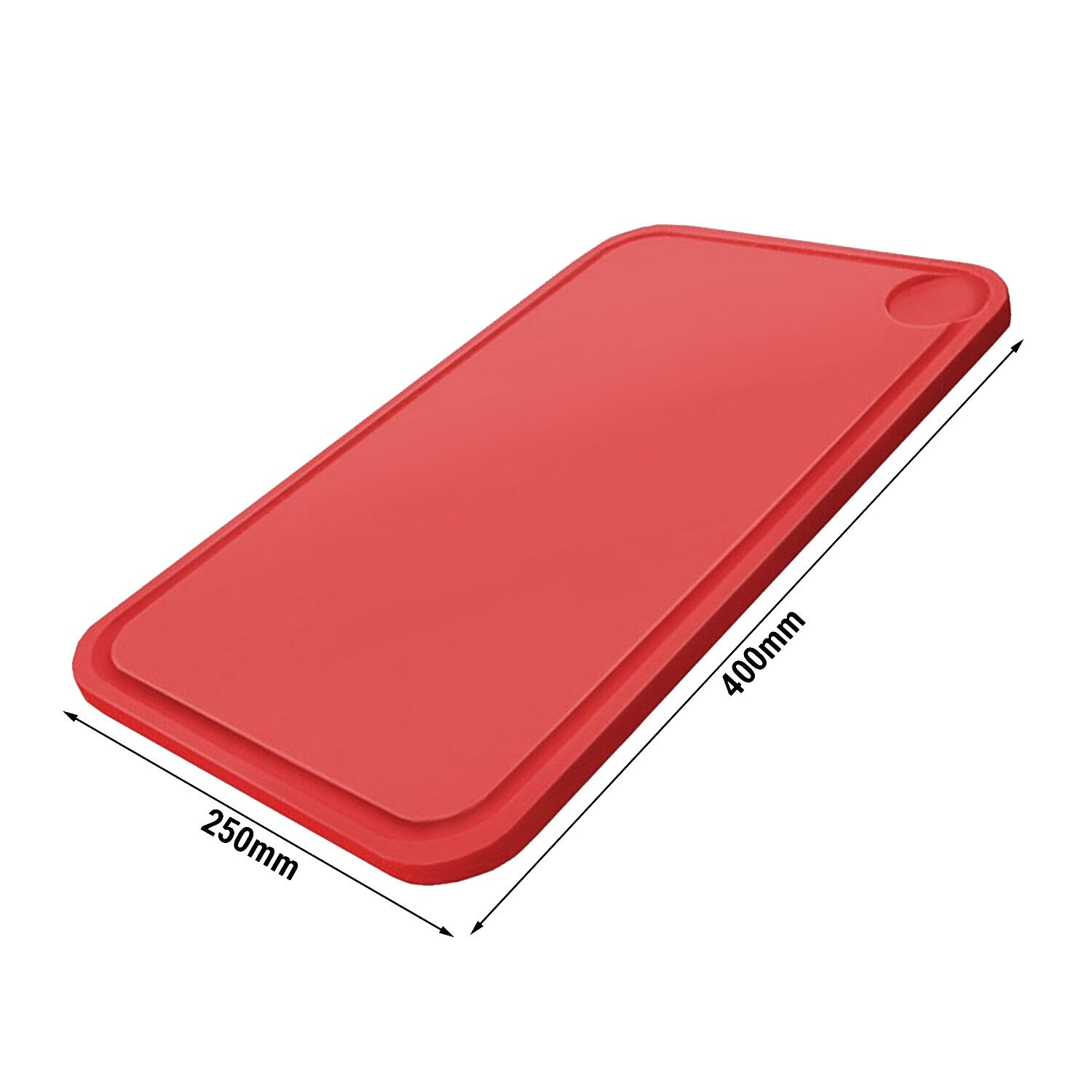 Planche à découper avec rigole à jus - 250x400mm - Épaisseur: 20mm - Conforme HACCP - Polyéthylène - Rouge