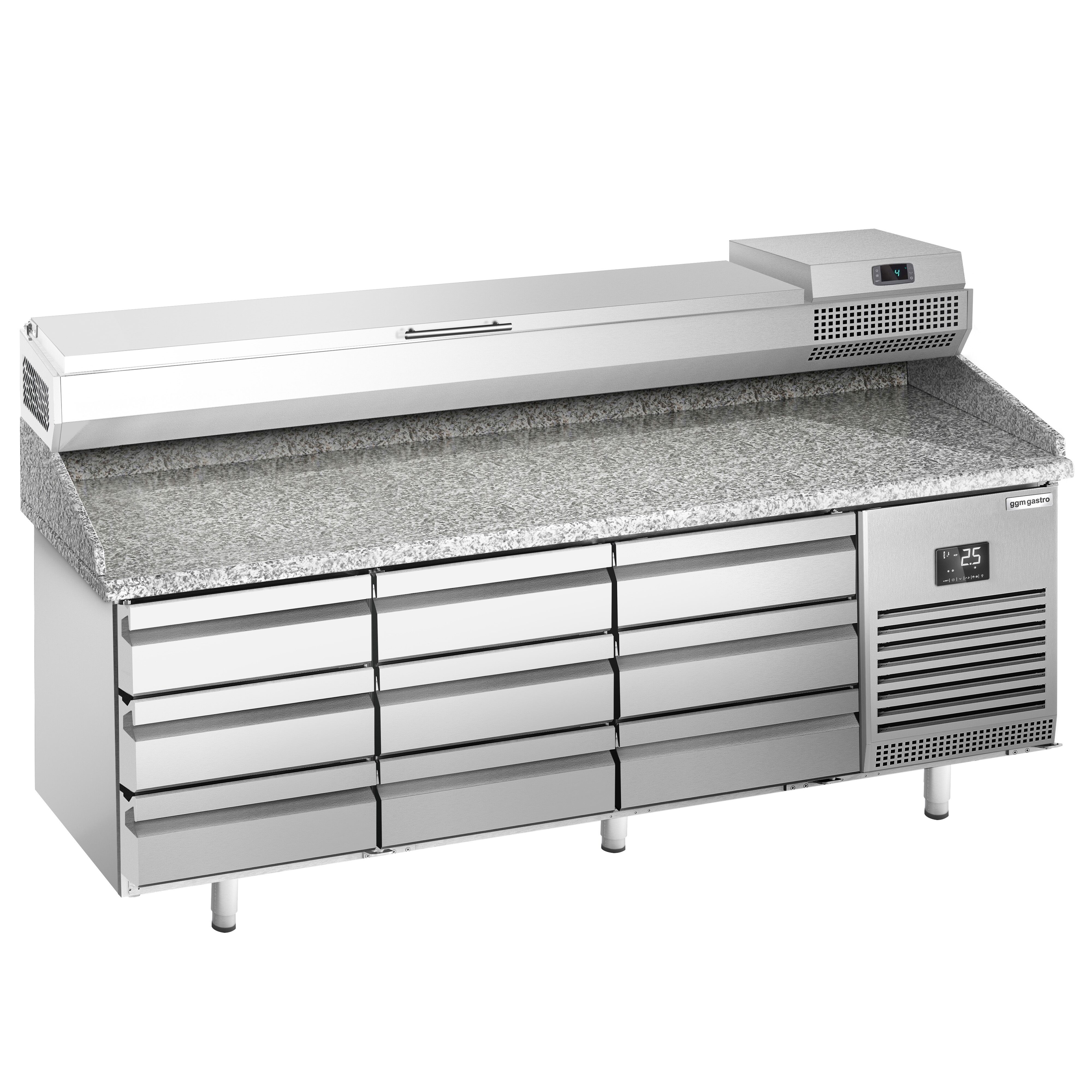 Table réfrigérée à pizza Premium PLUS - 1980x700 mm - avec 9 tiroirs - incl. vitrine réfrigérée - 9x GN 1/4