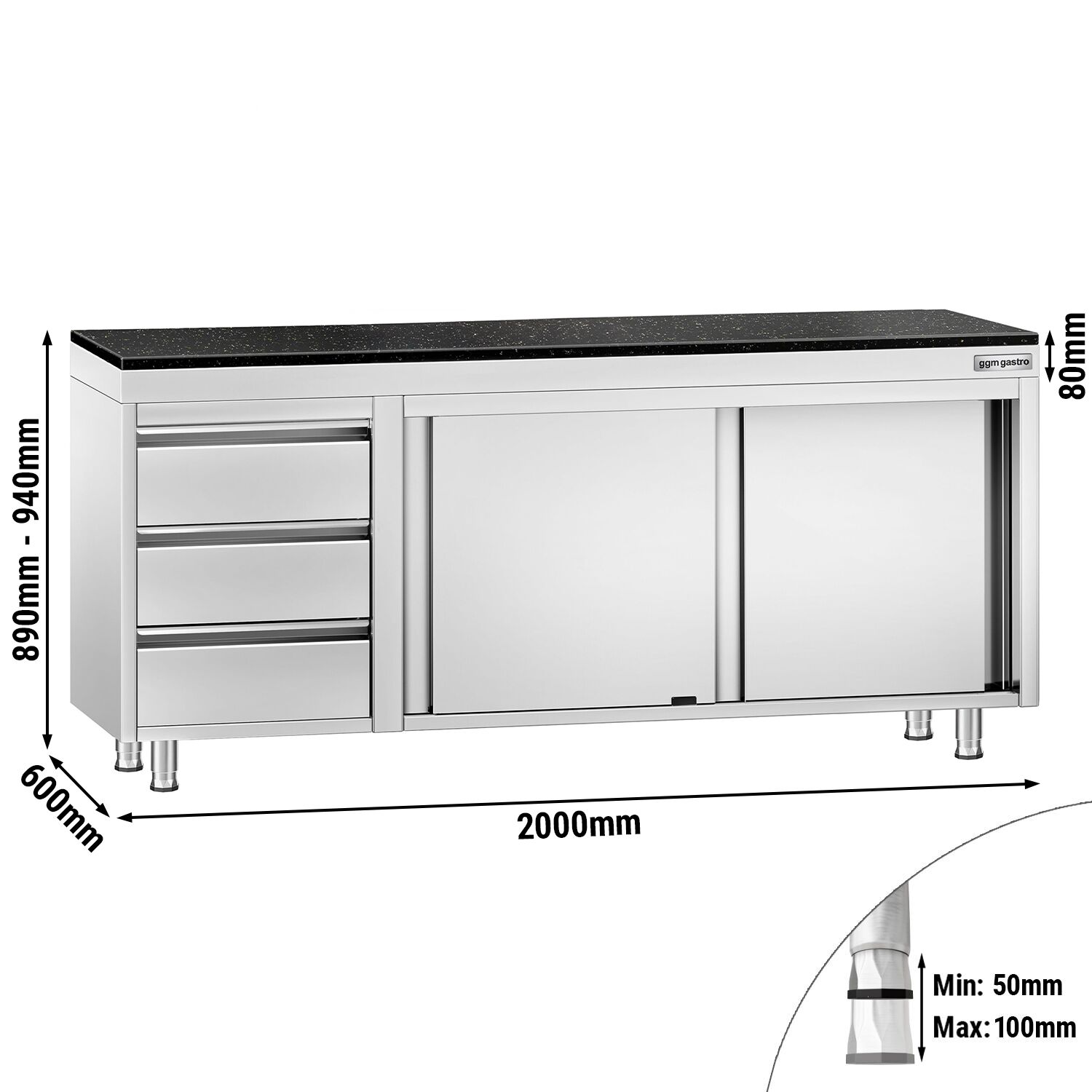Roestvrijstalen werkkast PREMIUM - 2000 x 600 mm - met 3 lades links - incl. granieten werkblad