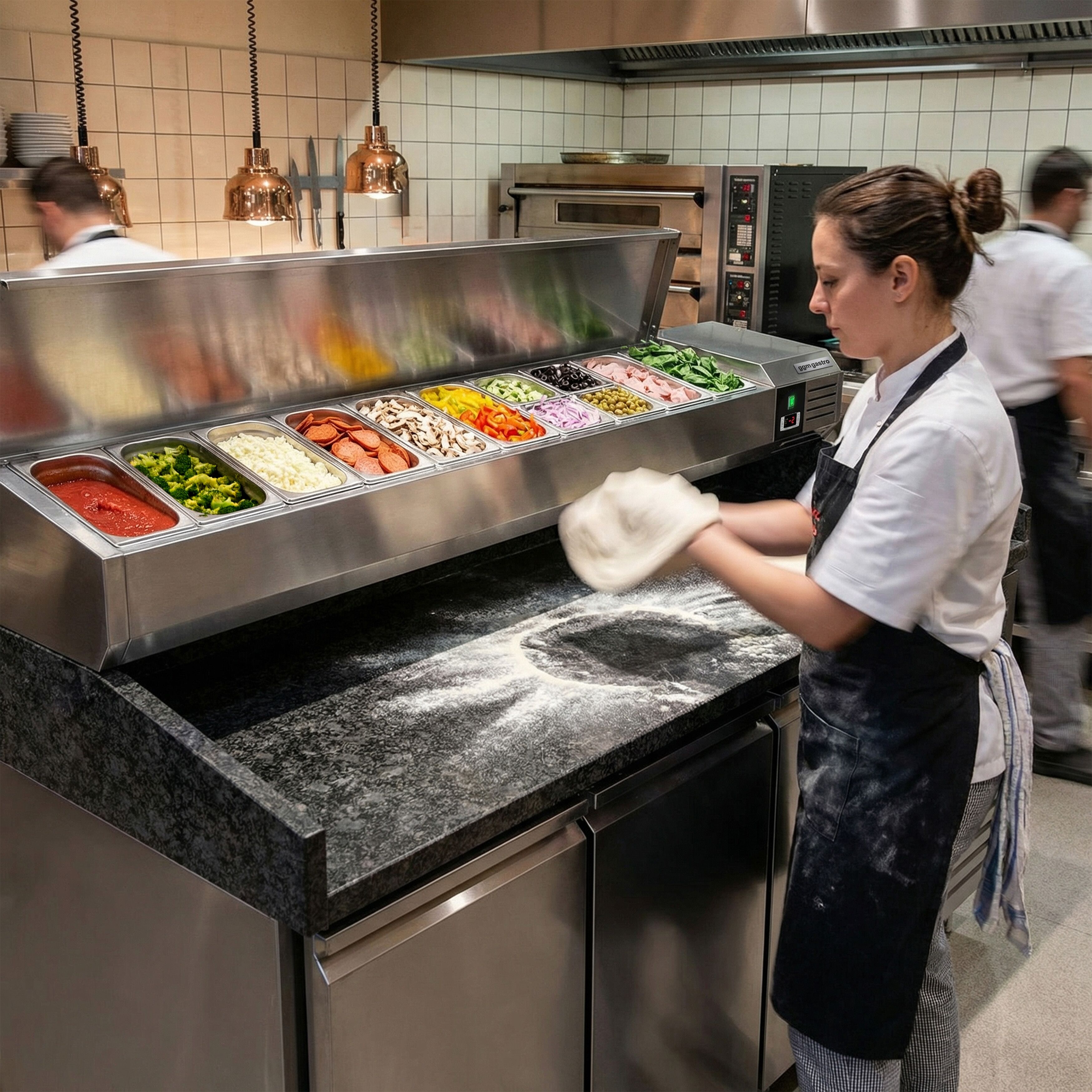 Table réfrigérée à pizza PREMIUM - 2000x800 mm - avec 3 portes - incl. vitrine réfrigérée - 10x GN 1/4