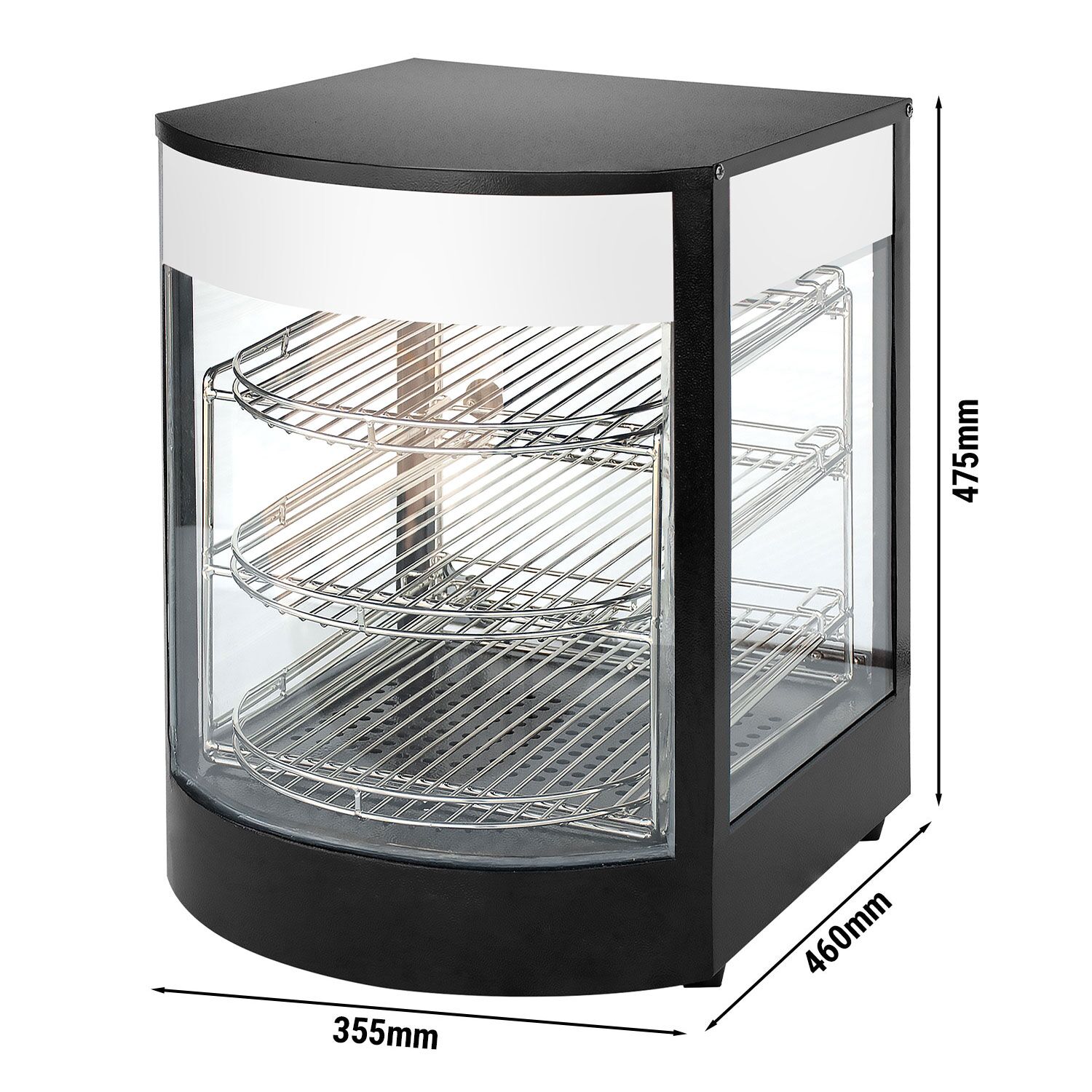 Warmhaltevitrine - 355mm - 800 Watt - 3 Ablagen - Schwarz
