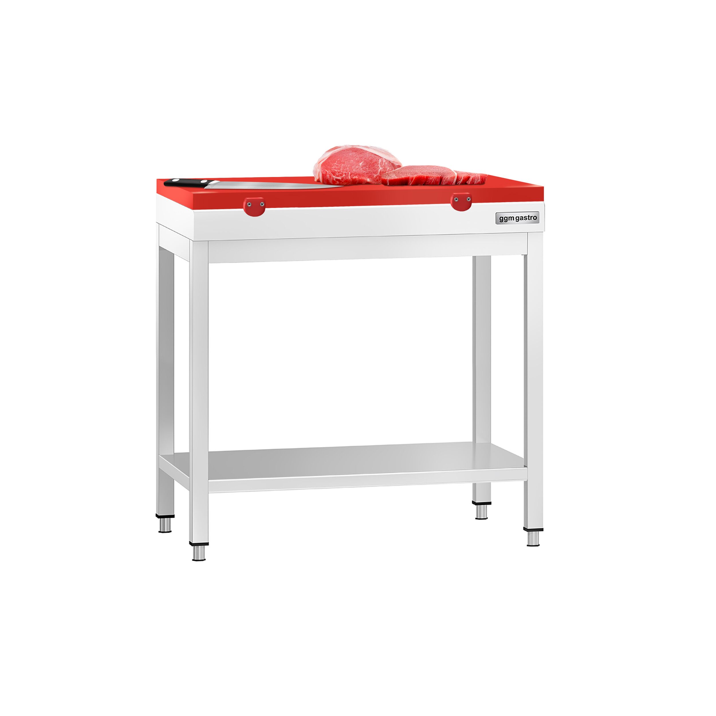 Stół roboczy centralny ze stali nierdzewnej PREMIUM - 700x600mm - z półką - z deską do krojenia Czerwony