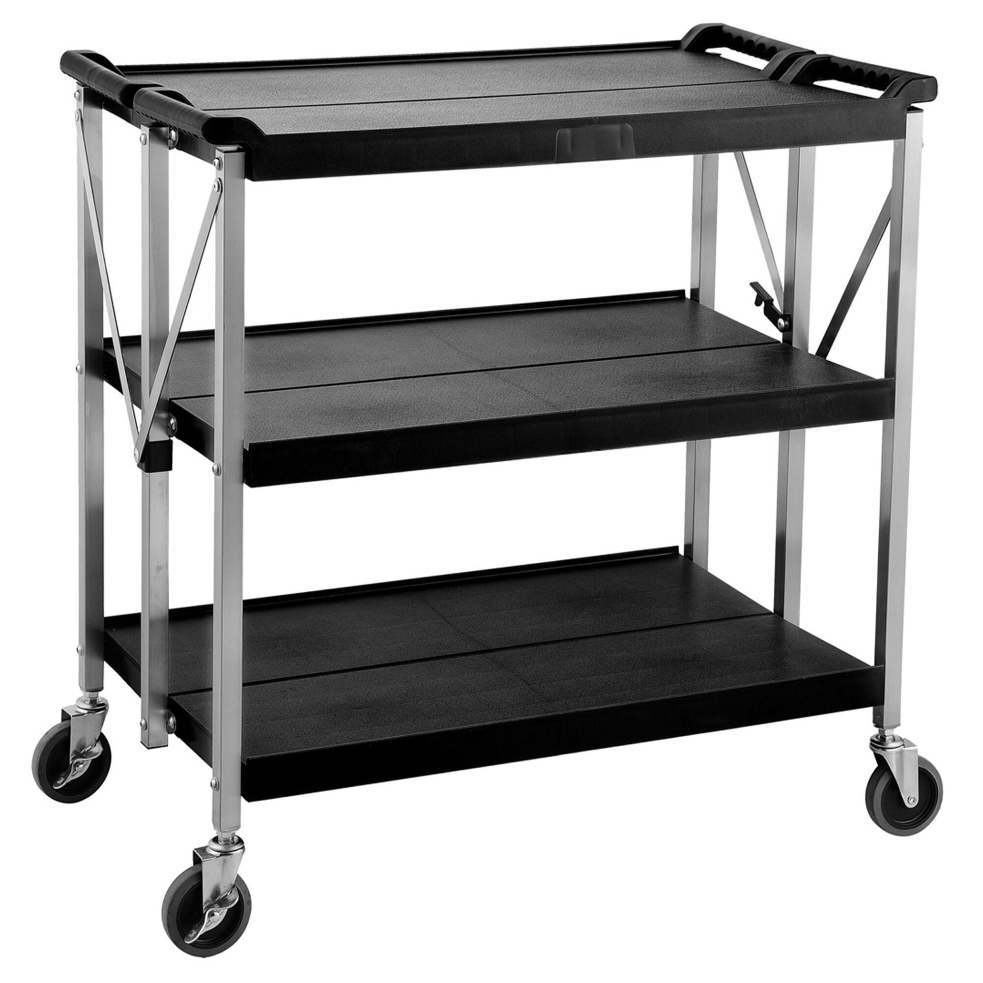 Chariot de service – pliable – en plastique – 880 × 500 mm – avec 3 plateaux