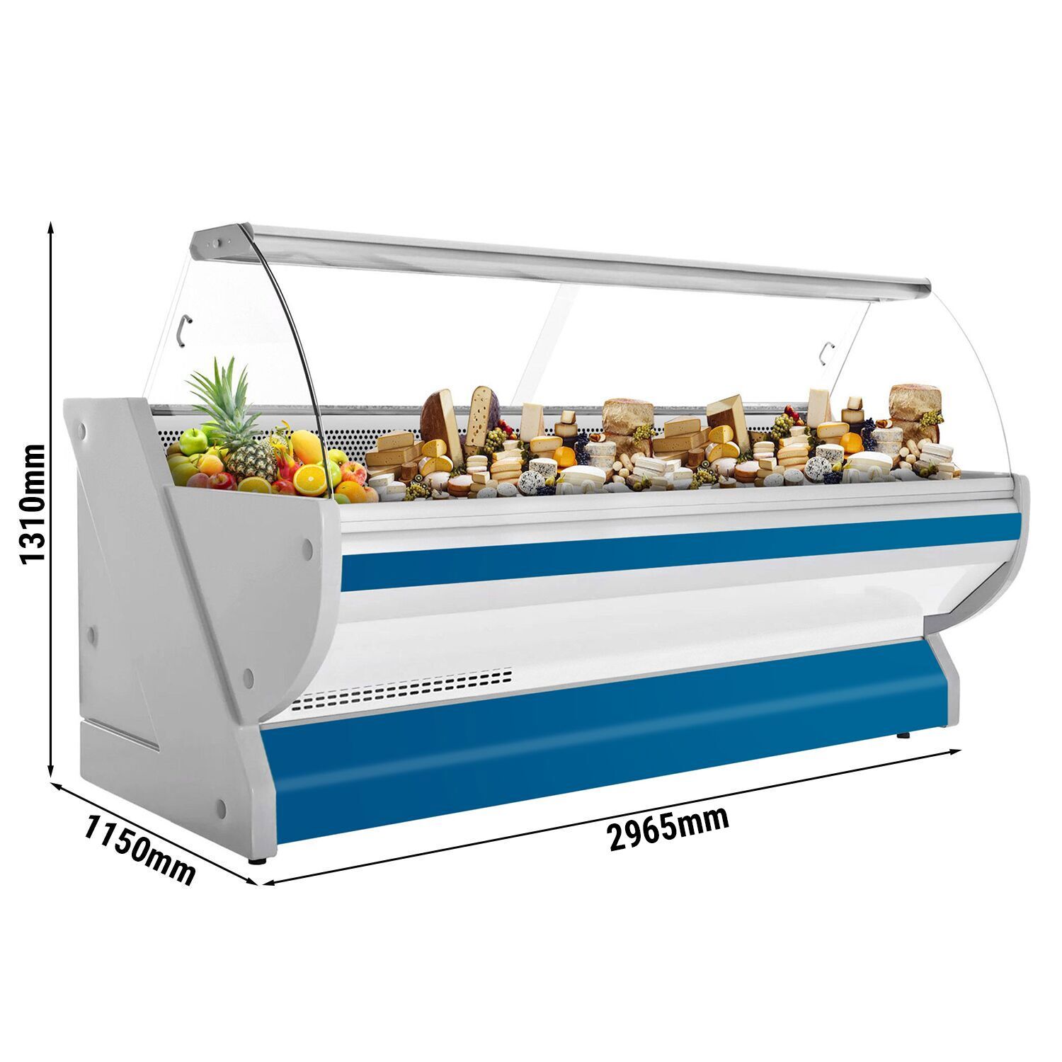 Comptoir vitrine réfrigérée - 2965x1150mm - +1/+10°C - Vitre bombée - 570L - Bleu
