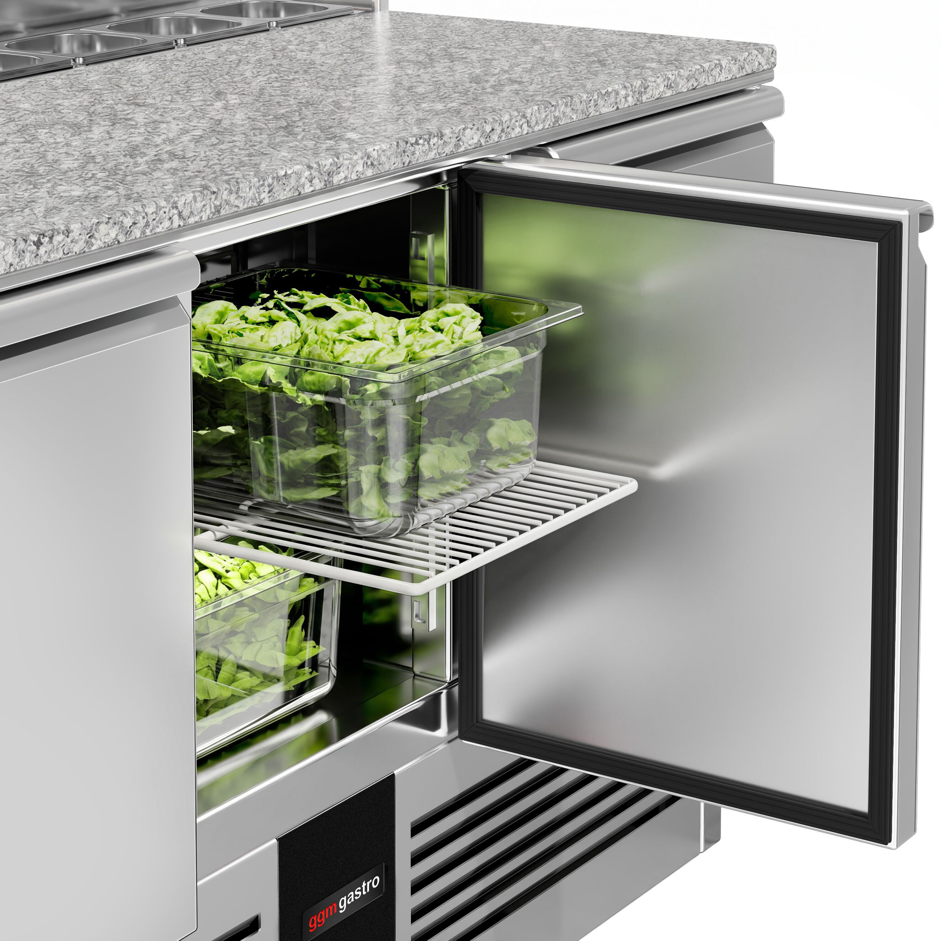 Saladette réfrigérée PREMIUM - 1368mm - 402L - 3 portes - ensemble inox (dessus GN) pour 8x GN 1/6 & Couvercle inox - plan de travail en granit noir